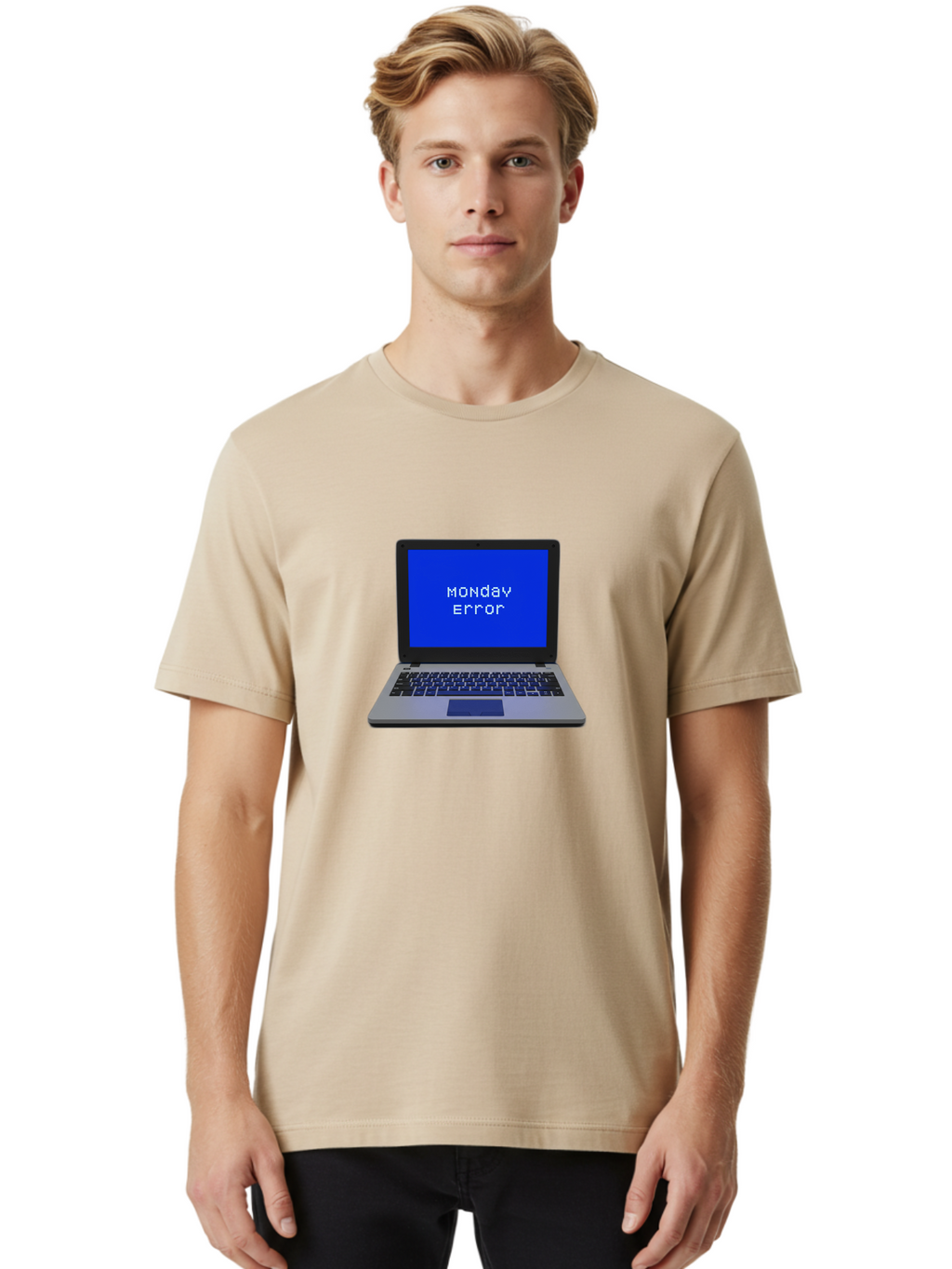 Monday-Error-2 Men'S Graphic Tee, 100% Cotton, Comfortable Casual Summer Wear, Machine Washable, Laptop With Error Message, Monday Blues, Work Stress, Computer Glitch, System Failure, Monday Morning Motivation, Productivity Issues Bae521