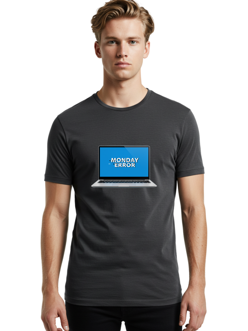 Monday-Error-3 Men'S Graphic Tee, 100% Cotton, Comfortable Casual Summer Wear, Machine Washable, Laptop Screen, Error Message, Monday Blues, Glitchy Display, Crossed Out Text, Tech Issue, System Failure, Computer Problem Bae522