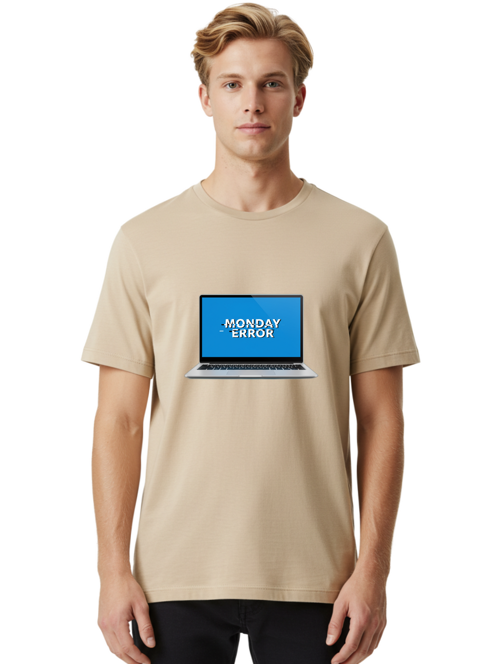 Monday-Error-3 Men'S Graphic Tee, 100% Cotton, Comfortable Casual Summer Wear, Machine Washable, Laptop Screen, Error Message, Monday Blues, Glitchy Display, Crossed Out Text, Tech Issue, System Failure, Computer Problem Bae522