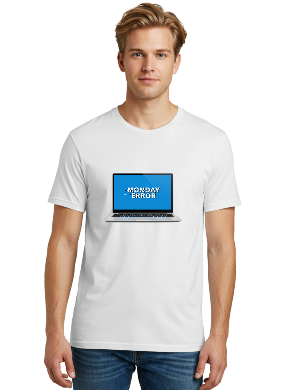Monday-Error-3 Men'S Graphic Tee, 100% Cotton, Comfortable Casual Summer Wear, Machine Washable, Laptop Screen, Error Message, Monday Blues, Glitchy Display, Crossed Out Text, Tech Issue, System Failure, Computer Problem Bae522