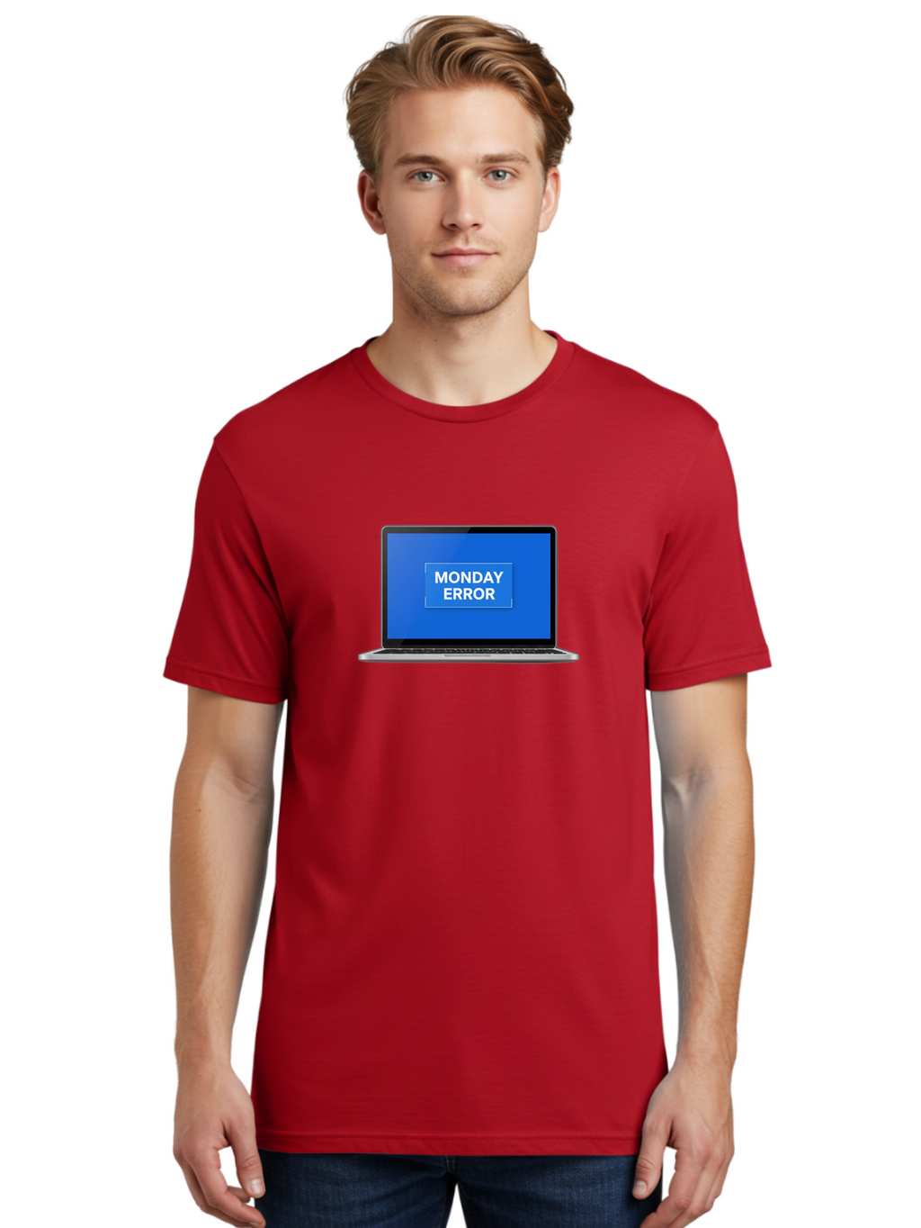 Monday-Error-6 Men'S Graphic Tee, 100% Cotton, Comfortable Casual Summer Wear, Machine Washable, Laptop Screen, Monday Error Message, Error Alert, Blue Screen, Glitch, Malfunction, White Text, Tech Issue Bae525