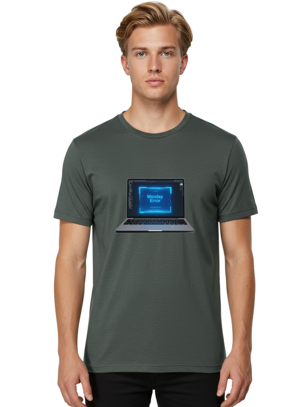 Monday-Error-7 Men'S Graphic Tee, 100% Cotton, Comfortable Casual Summer Wear, Machine Washable, Laptop Screen, Error Message, Monday Error, System Failure, Glitchy Display, Blue Neon Light, Coding Software, Debugging, Tech Issue, Bae526