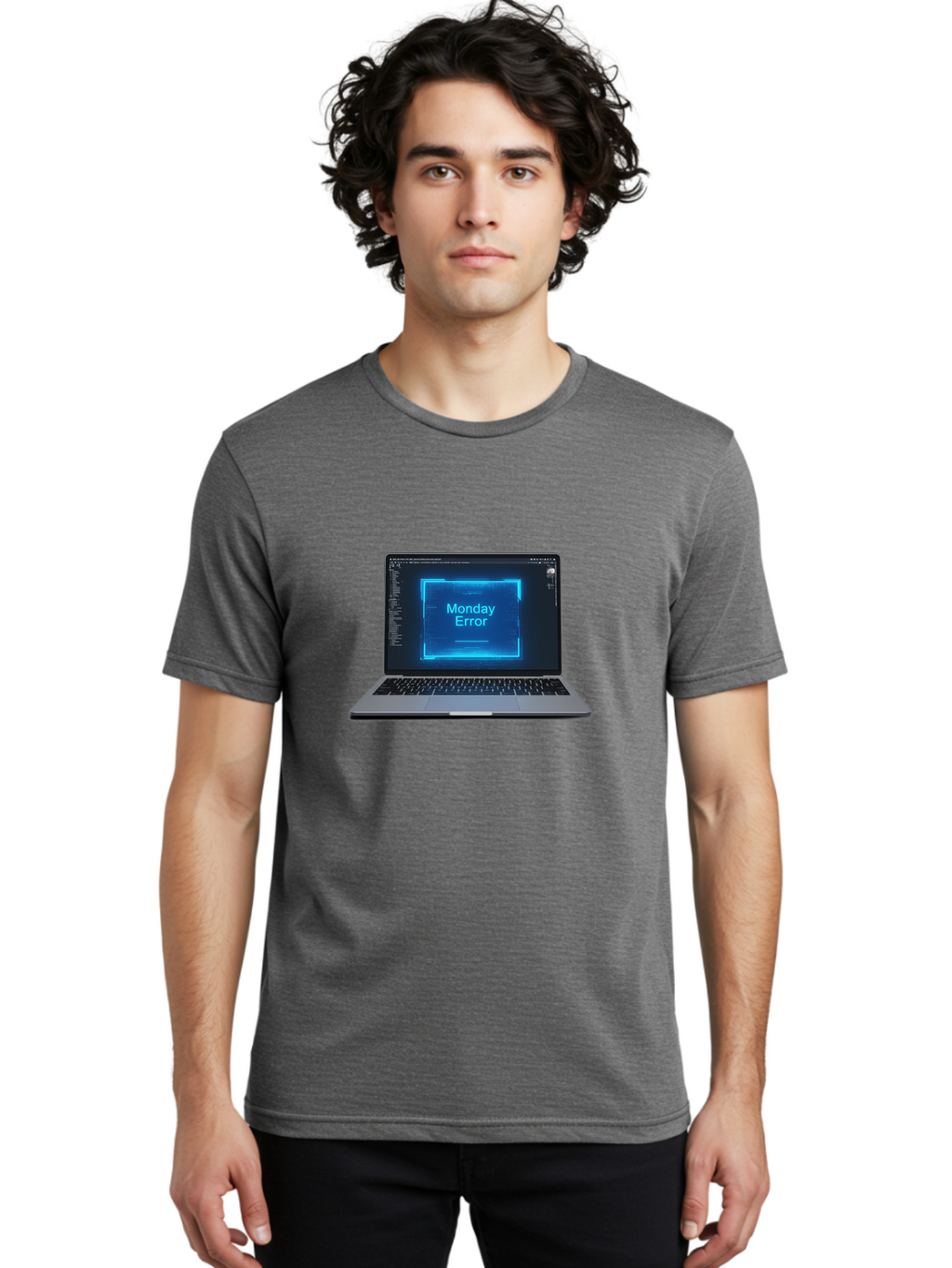 Monday-Error-7 Men'S Graphic Tee, 100% Cotton, Comfortable Casual Summer Wear, Machine Washable, Laptop Screen, Error Message, Monday Error, System Failure, Glitchy Display, Blue Neon Light, Coding Software, Debugging, Tech Issue, Bae526