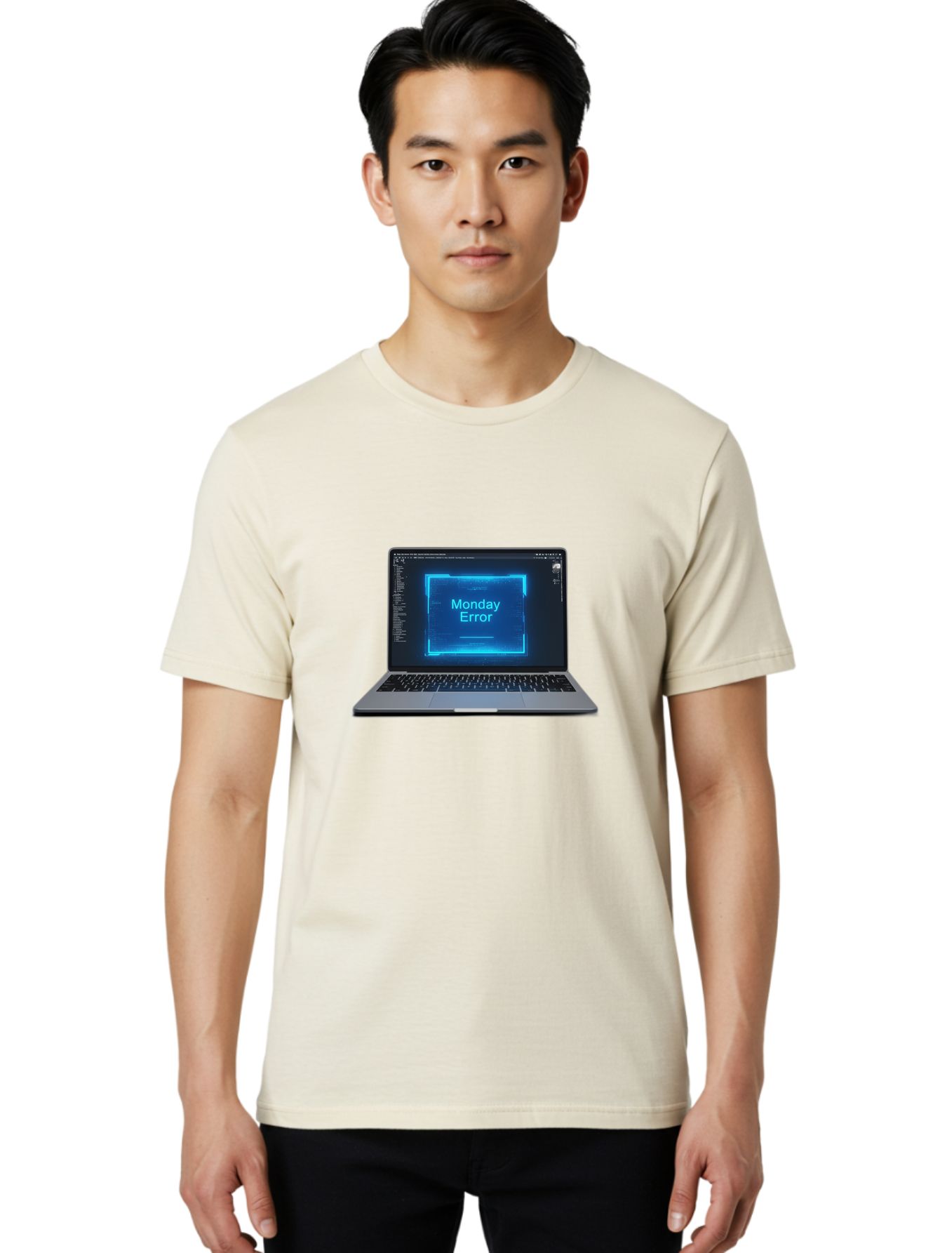 Monday-Error-7 Men'S Graphic Tee, 100% Cotton, Comfortable Casual Summer Wear, Machine Washable, Laptop Screen, Error Message, Monday Error, System Failure, Glitchy Display, Blue Neon Light, Coding Software, Debugging, Tech Issue, Bae526