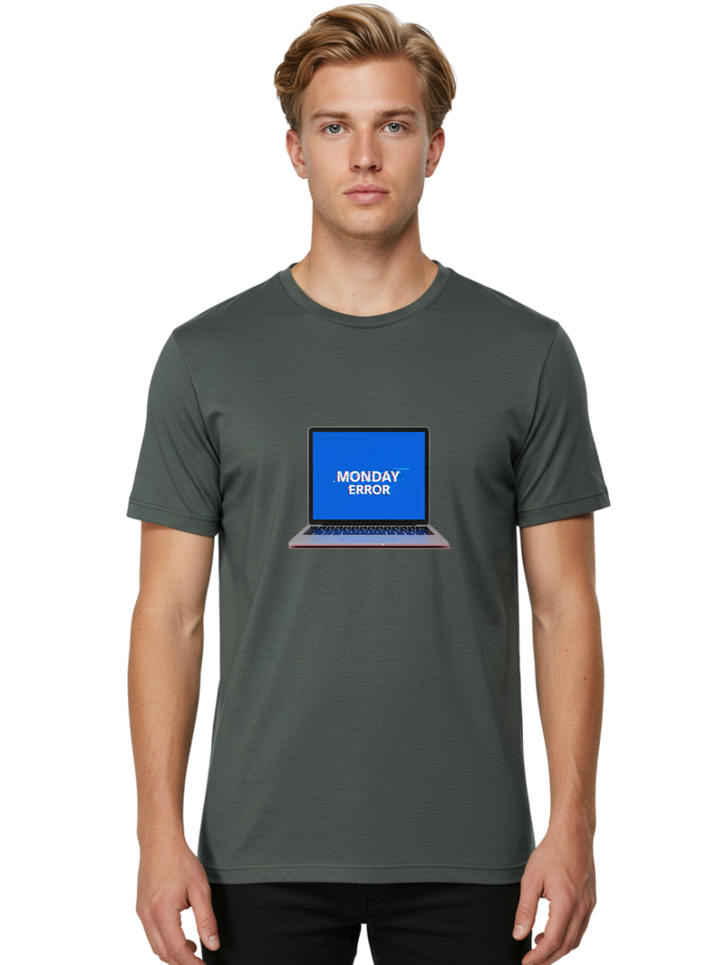 Monday-Error-9 Men'S Graphic Tee, 100% Cotton, Comfortable Casual Summer Wear, Machine Washable, Laptop Screen Displaying Monday Error Message, Computer Error, Malfunctioning Computer, Glitchy Screen, Blue Screen Of Death, Tech Issues, Bae528