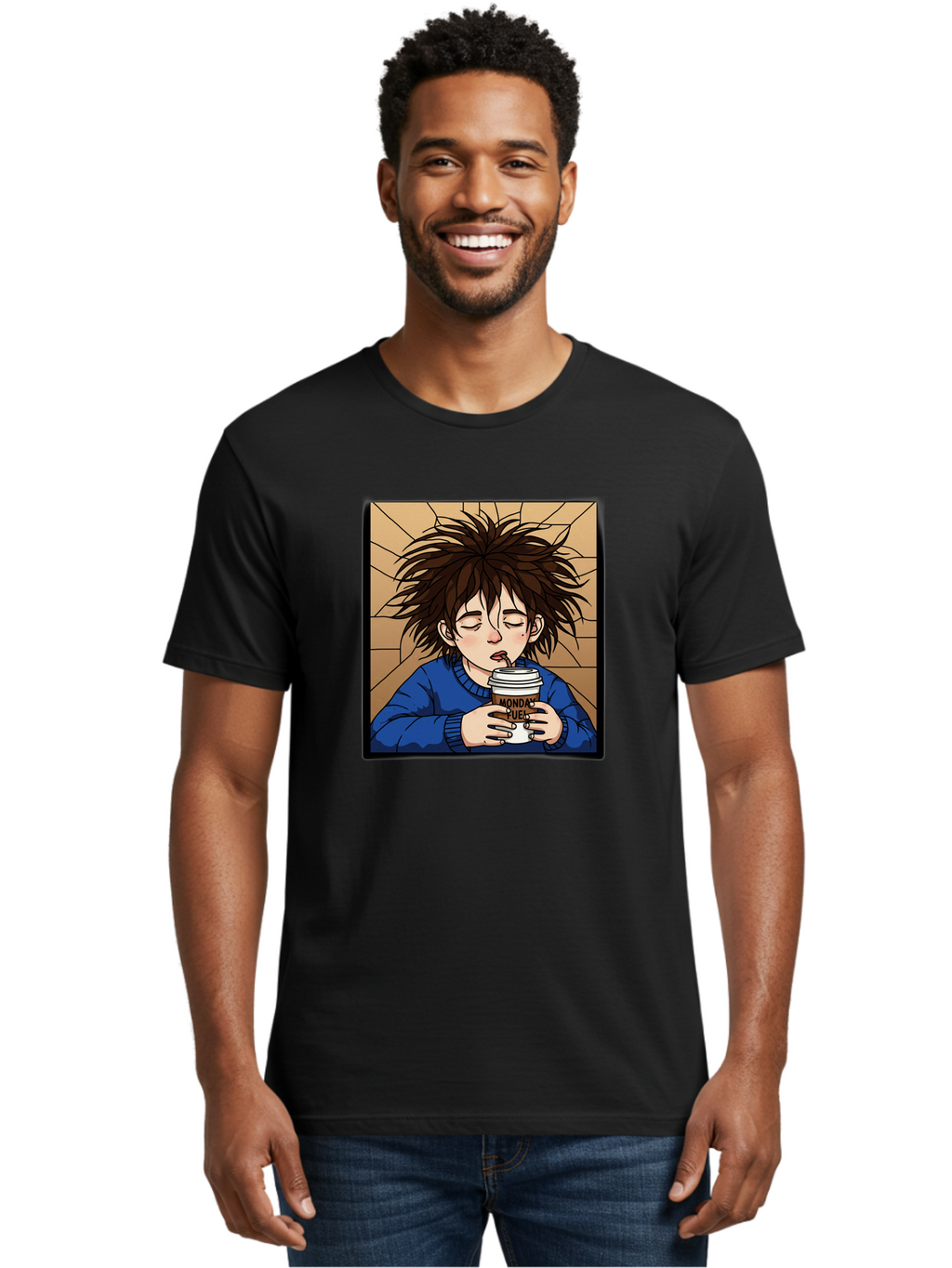 Monday-Fuel-1 Men'S Graphic Tee, 100% Cotton, Comfortable Casual Summer Wear, Machine Washable, Cartoon Character, Messy Hair, Blue Sweater, Coffee Cup, Morning Routine, Caffeine Boost, Relaxed Expression, Brown Background, Coffee Straw, Bae531