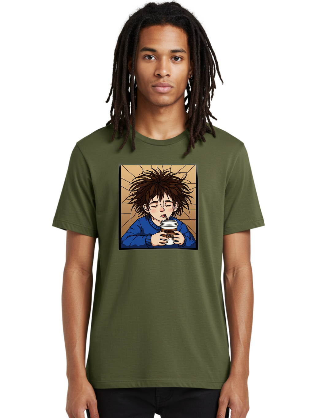 Monday-Fuel-1 Men'S Graphic Tee, 100% Cotton, Comfortable Casual Summer Wear, Machine Washable, Cartoon Character, Messy Hair, Blue Sweater, Coffee Cup, Morning Routine, Caffeine Boost, Relaxed Expression, Brown Background, Coffee Straw, Bae531
