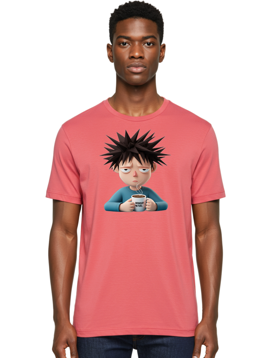 Monday-Fuel Men'S Graphic Tee, 100% Cotton, Comfortable Casual Summer Wear, Machine Washable, Cartoon Character, Monday Blues, Coffee Mug, Morning Motivation, Steam Rising, Blue Shirt, Messy Hair, Humorous Art, Coffee Culture, Morning Routine Bae532