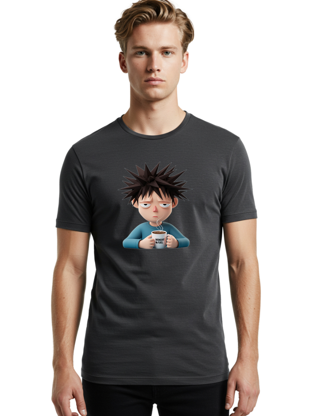 Monday-Fuel Men'S Graphic Tee, 100% Cotton, Comfortable Casual Summer Wear, Machine Washable, Cartoon Character, Monday Blues, Coffee Mug, Morning Motivation, Steam Rising, Blue Shirt, Messy Hair, Humorous Art, Coffee Culture, Morning Routine Bae532