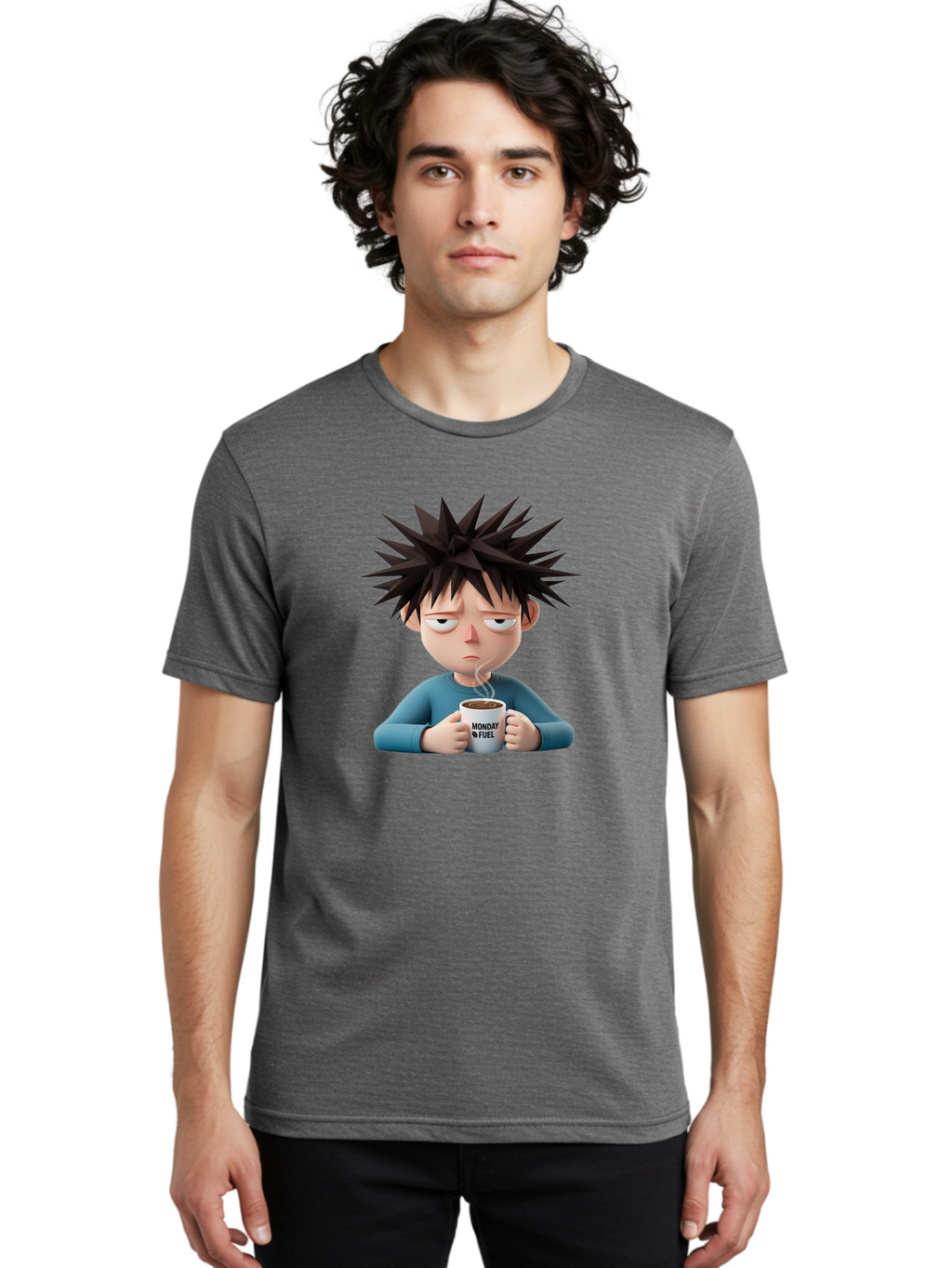 Monday-Fuel Men'S Graphic Tee, 100% Cotton, Comfortable Casual Summer Wear, Machine Washable, Cartoon Character, Monday Blues, Coffee Mug, Morning Motivation, Steam Rising, Blue Shirt, Messy Hair, Humorous Art, Coffee Culture, Morning Routine Bae532