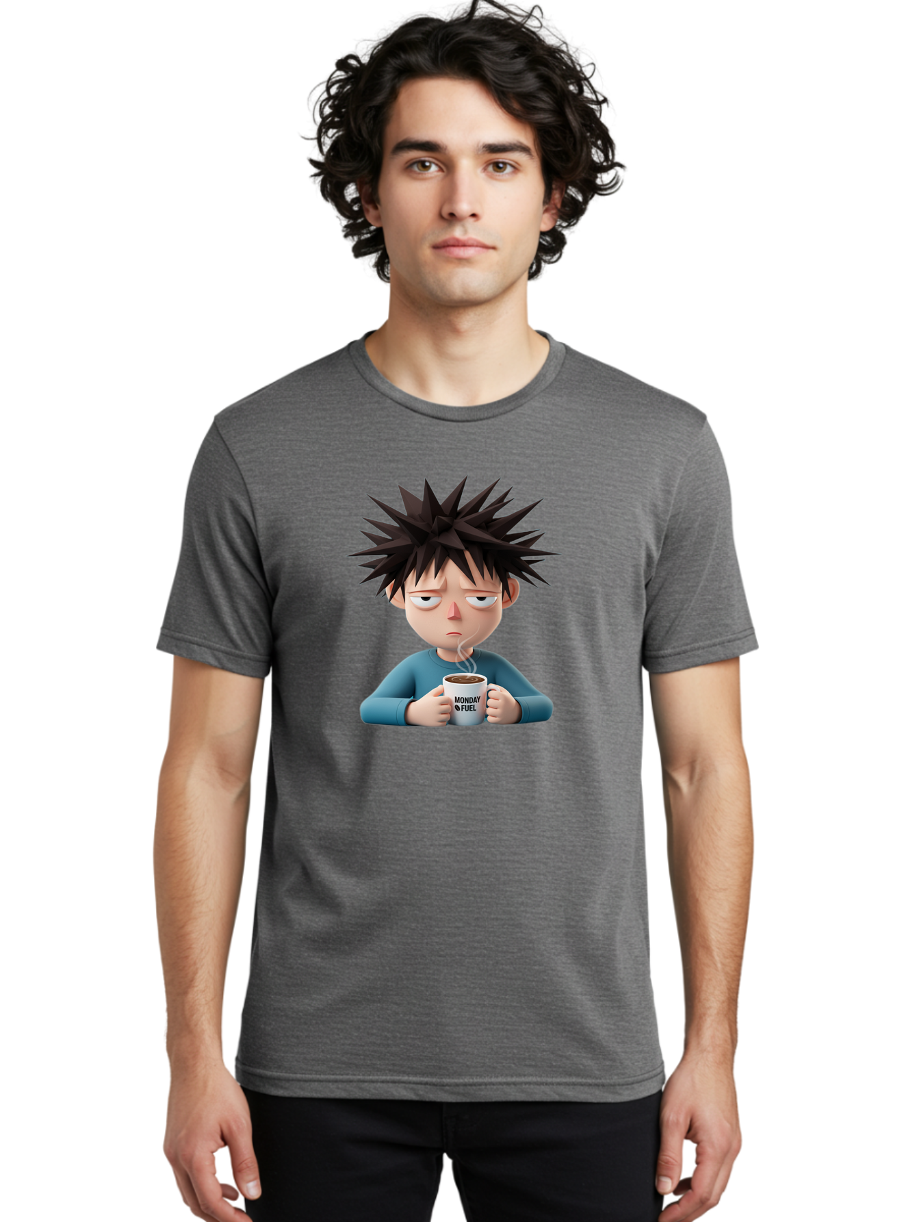 Monday-Fuel Men'S Graphic Tee, 100% Cotton, Comfortable Casual Summer Wear, Machine Washable, Cartoon Character, Monday Blues, Coffee Mug, Morning Motivation, Steam Rising, Blue Shirt, Messy Hair, Humorous Art, Coffee Culture, Morning Routine Bae532
