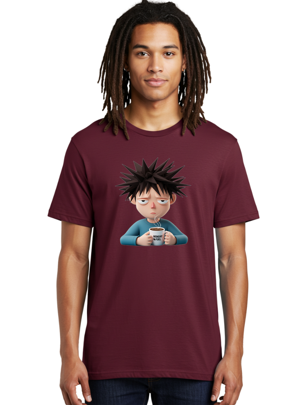 Monday-Fuel Men'S Graphic Tee, 100% Cotton, Comfortable Casual Summer Wear, Machine Washable, Cartoon Character, Monday Blues, Coffee Mug, Morning Motivation, Steam Rising, Blue Shirt, Messy Hair, Humorous Art, Coffee Culture, Morning Routine Bae532