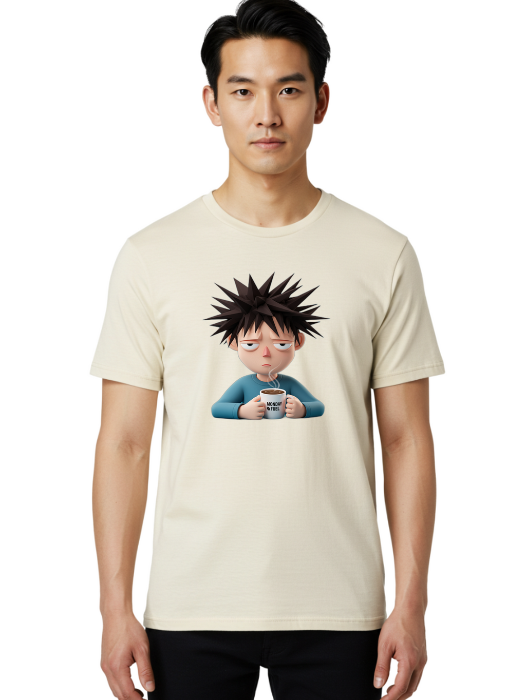 Monday-Fuel Men'S Graphic Tee, 100% Cotton, Comfortable Casual Summer Wear, Machine Washable, Cartoon Character, Monday Blues, Coffee Mug, Morning Motivation, Steam Rising, Blue Shirt, Messy Hair, Humorous Art, Coffee Culture, Morning Routine Bae532