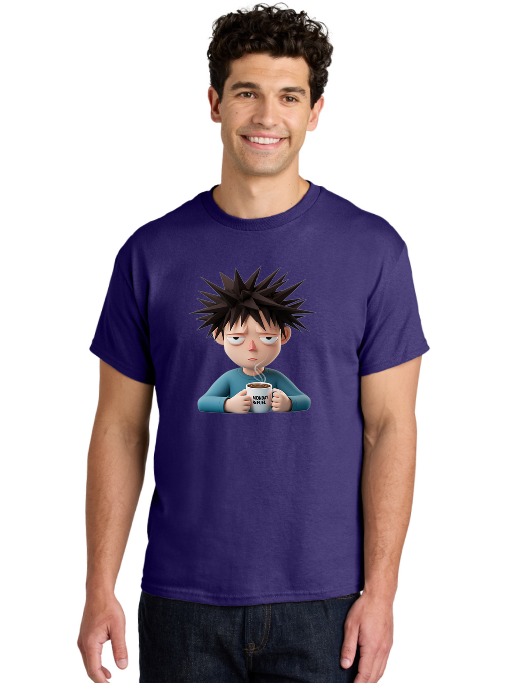 Monday-Fuel Men'S Graphic Tee, 100% Cotton, Comfortable Casual Summer Wear, Machine Washable, Cartoon Character, Monday Blues, Coffee Mug, Morning Motivation, Steam Rising, Blue Shirt, Messy Hair, Humorous Art, Coffee Culture, Morning Routine Bae532
