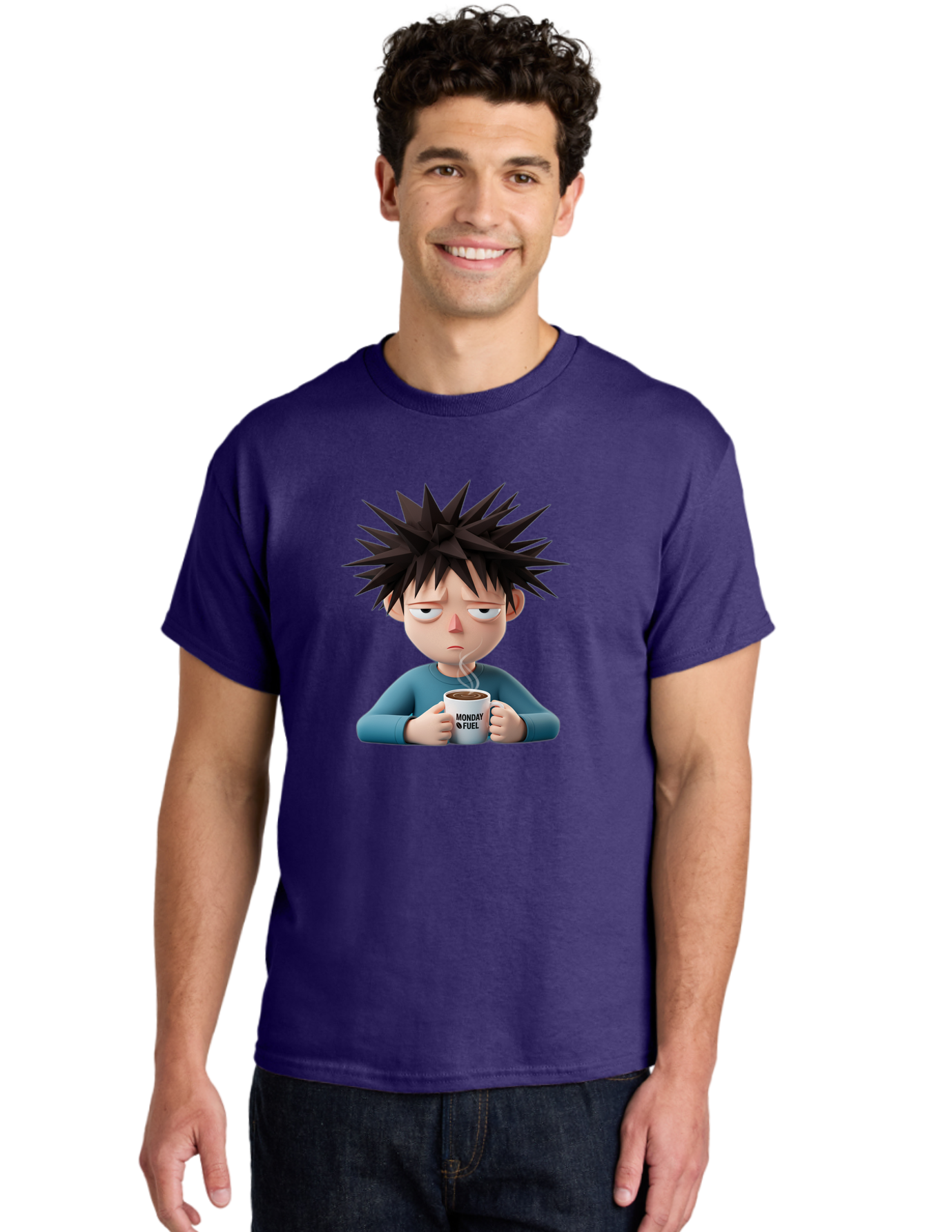 Monday-Fuel Men'S Graphic Tee, 100% Cotton, Comfortable Casual Summer Wear, Machine Washable, Cartoon Character, Monday Blues, Coffee Mug, Morning Motivation, Steam Rising, Blue Shirt, Messy Hair, Humorous Art, Coffee Culture, Morning Routine Bae532