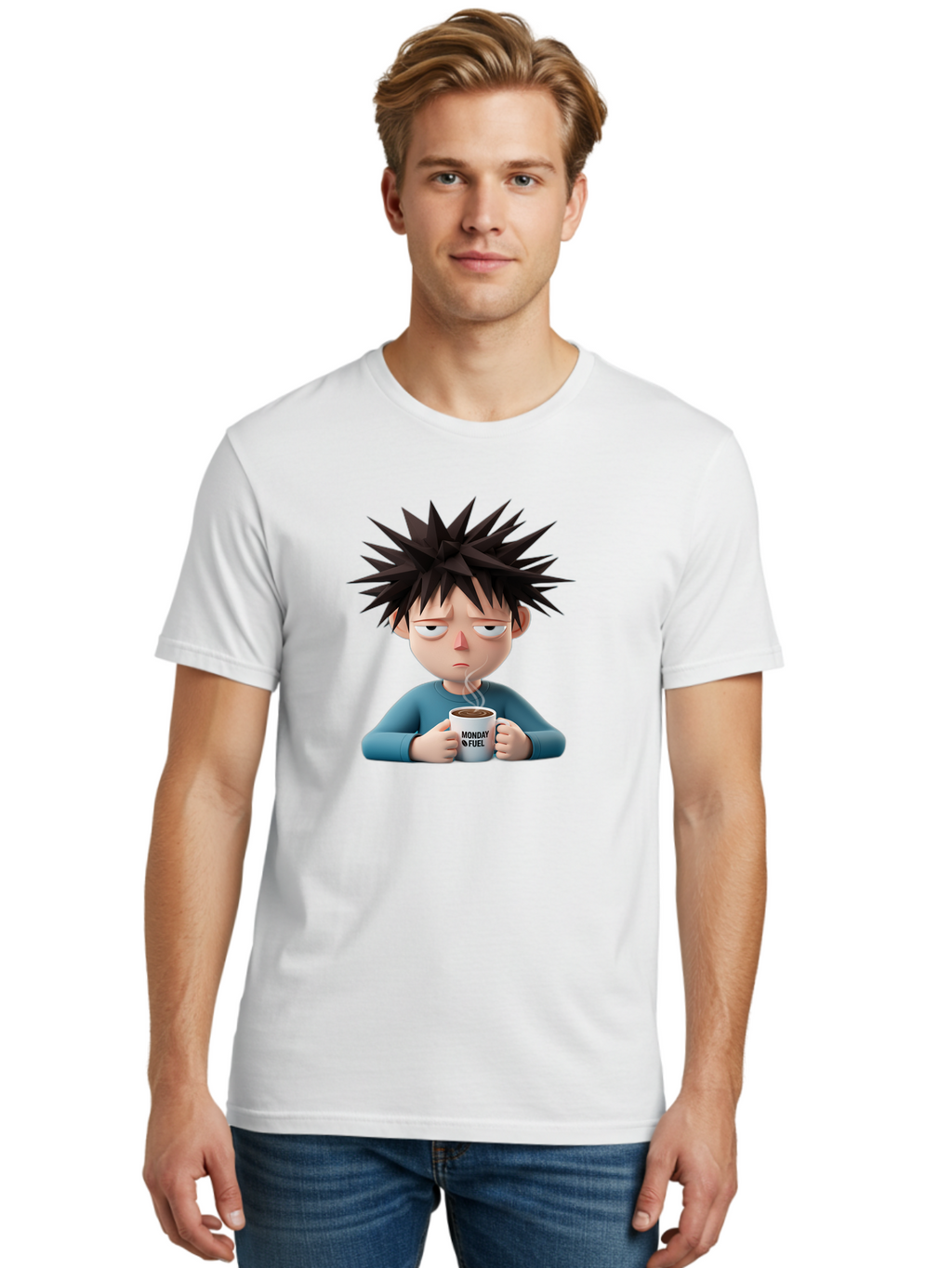 Monday-Fuel Men'S Graphic Tee, 100% Cotton, Comfortable Casual Summer Wear, Machine Washable, Cartoon Character, Monday Blues, Coffee Mug, Morning Motivation, Steam Rising, Blue Shirt, Messy Hair, Humorous Art, Coffee Culture, Morning Routine Bae532