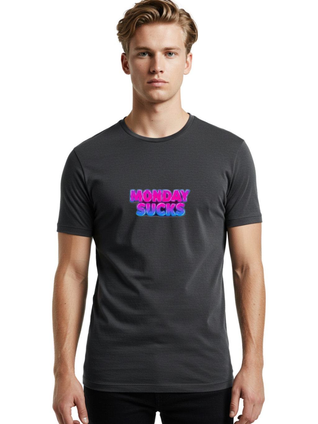 Monday-Sucks-1 Men'S Graphic Tee, 100% Cotton, Comfortable Casual Summer Wear, Machine Washable, Monday Motivation, Motivational Quote, Funny Meme, Humor, Sarcasm, Workweek Grind, Relief, Colorful Text, Pink, Blue, Gradient, Workplace Humor, Bae534