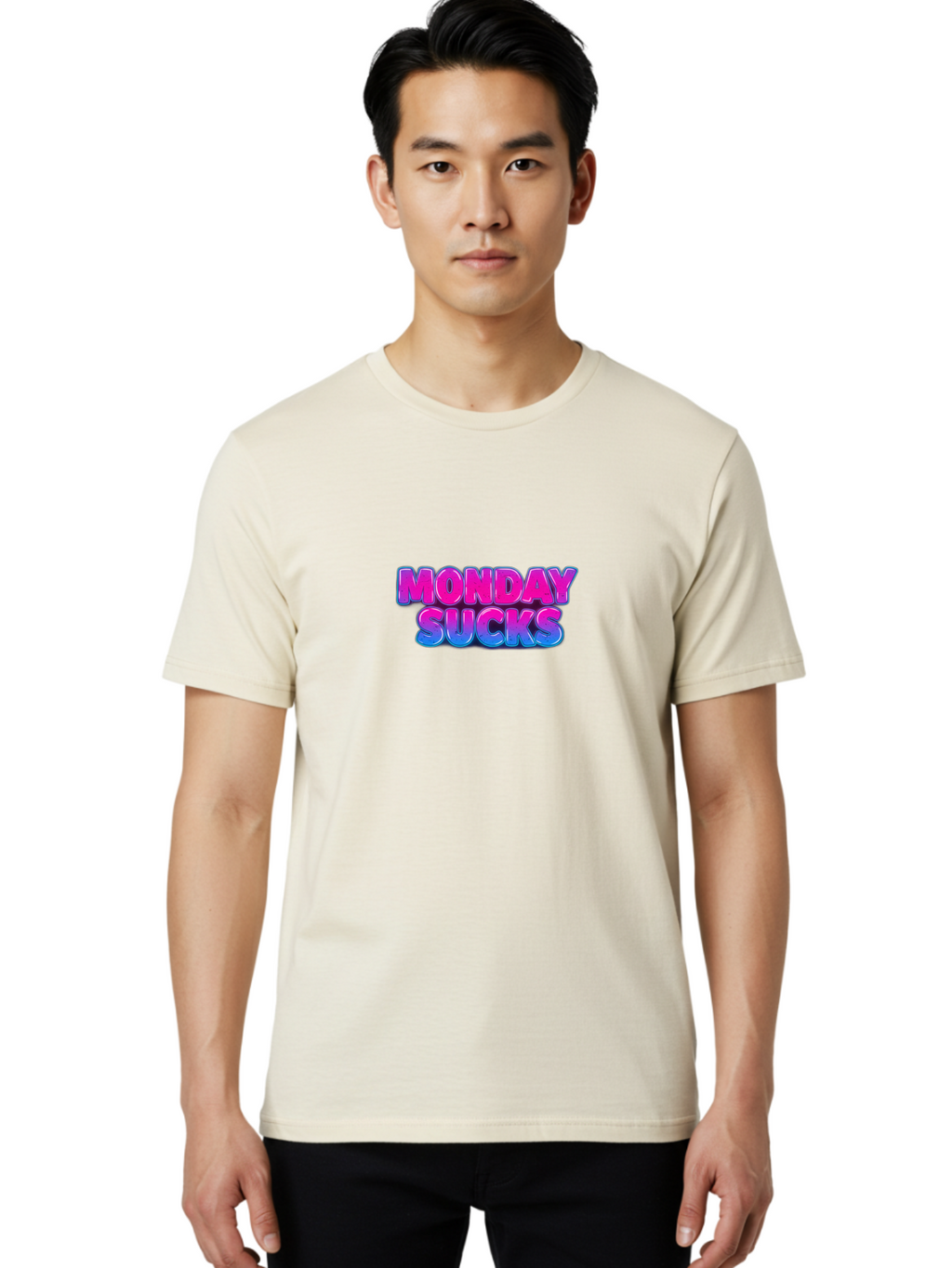 Monday-Sucks-1 Men'S Graphic Tee, 100% Cotton, Comfortable Casual Summer Wear, Machine Washable, Monday Motivation, Motivational Quote, Funny Meme, Humor, Sarcasm, Workweek Grind, Relief, Colorful Text, Pink, Blue, Gradient, Workplace Humor, Bae534