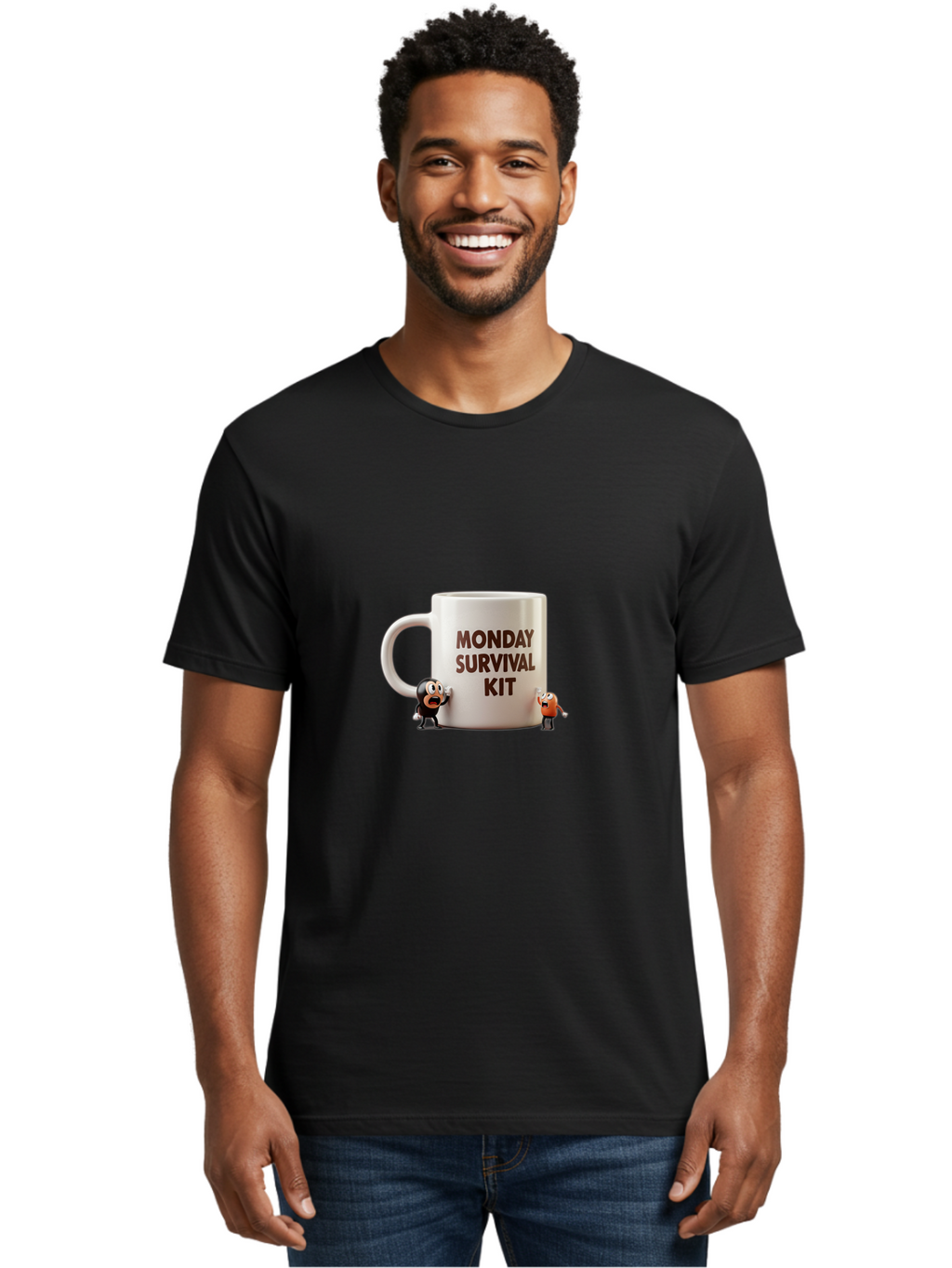 Monday-Survival-Kit-1 Men'S Graphic Tee, 100% Cotton, Comfortable Casual Summer Wear, Machine Washable, Coffee Mug, Monday Motivation, Survival Kit, Cartoon Characters, Humorous Design, Funny Coffee Cup, Quirky Illustration, Stress Relief Bae536