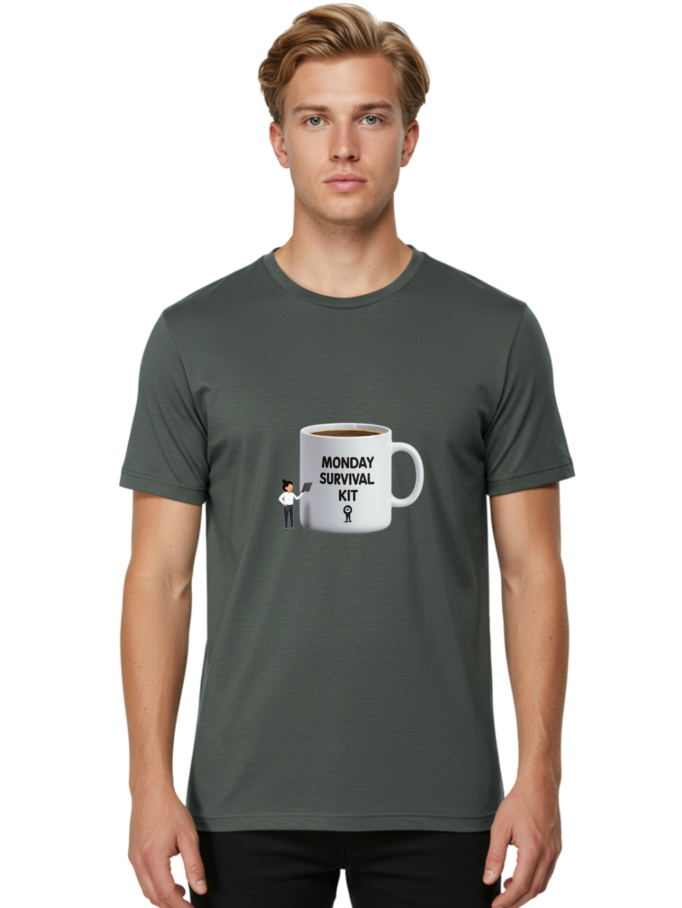 Monday-Survival-Kit Men'S Graphic Tee, 100% Cotton, Comfortable Casual Summer Wear, Machine Washable, Coffee Mug, Monday Motivation, Survival Kit, Morning Coffee, Coffee Break, Motivation, Morning Routine, Funny Coffee Mug, Office Humor, Bae538