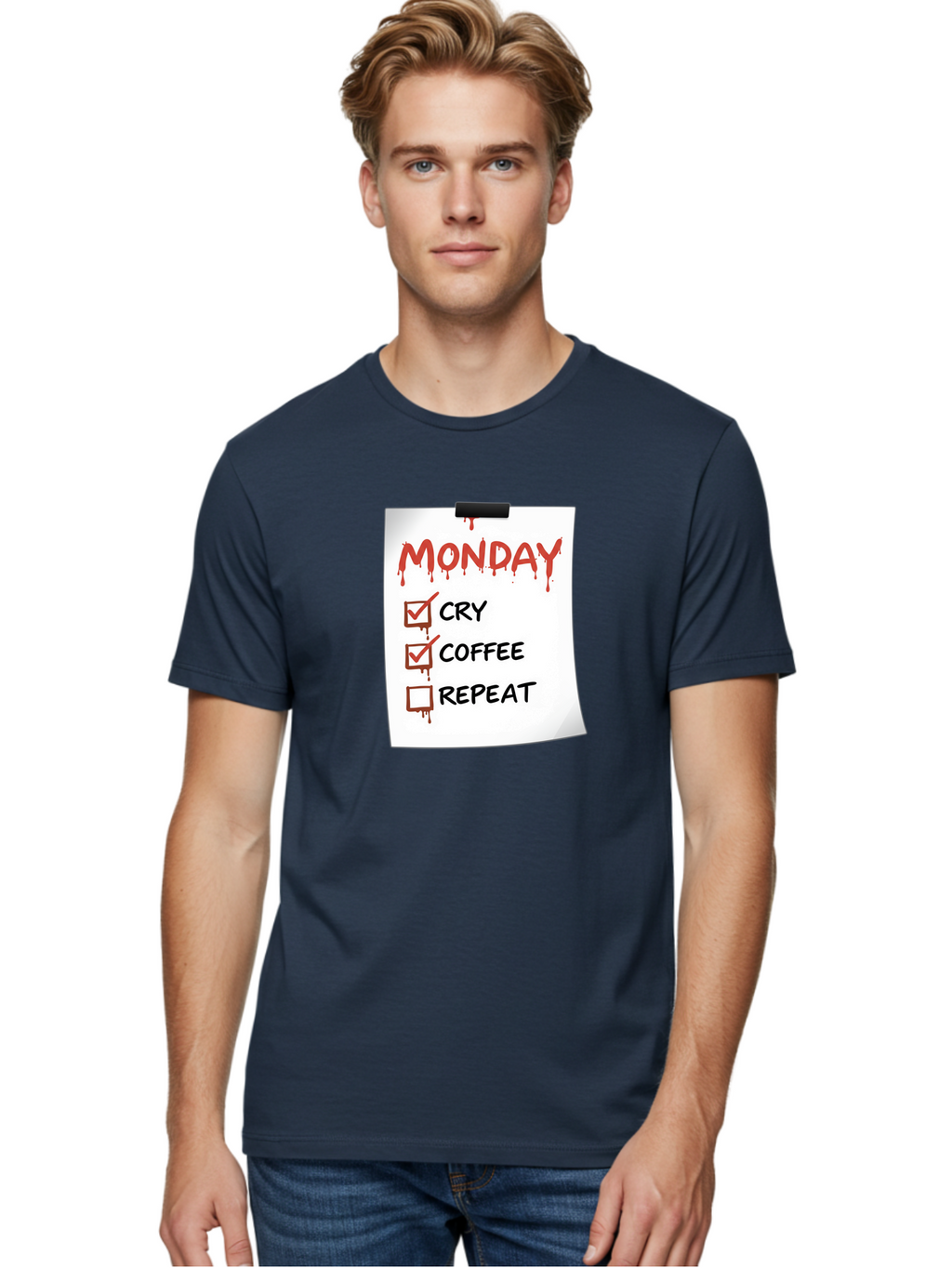 Monday-To-Do-List-2 Men'S Graphic Tee, 100% Cotton, Comfortable Casual Summer Wear, Machine Washable, Humorous To-Do List, Monday Blues, Cry, Coffee, Repeat, Funny Office Humor, Workplace Comedy, Blood Dripping Text, Checklist, Relatable Meme Bae540