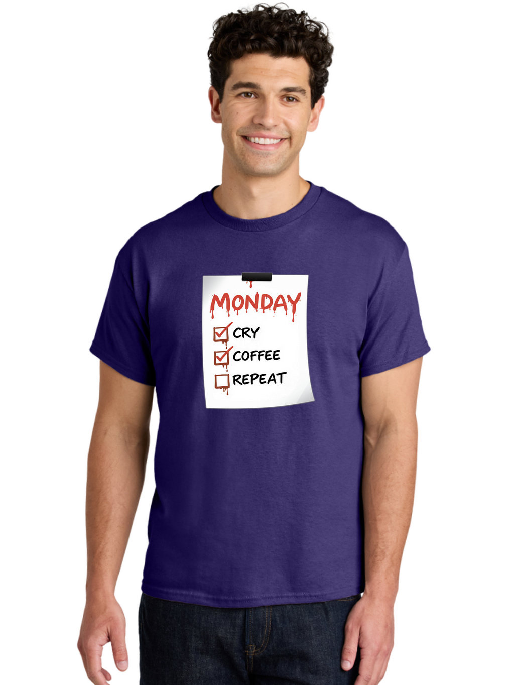 Monday-To-Do-List-2 Men'S Graphic Tee, 100% Cotton, Comfortable Casual Summer Wear, Machine Washable, Humorous To-Do List, Monday Blues, Cry, Coffee, Repeat, Funny Office Humor, Workplace Comedy, Blood Dripping Text, Checklist, Relatable Meme Bae540
