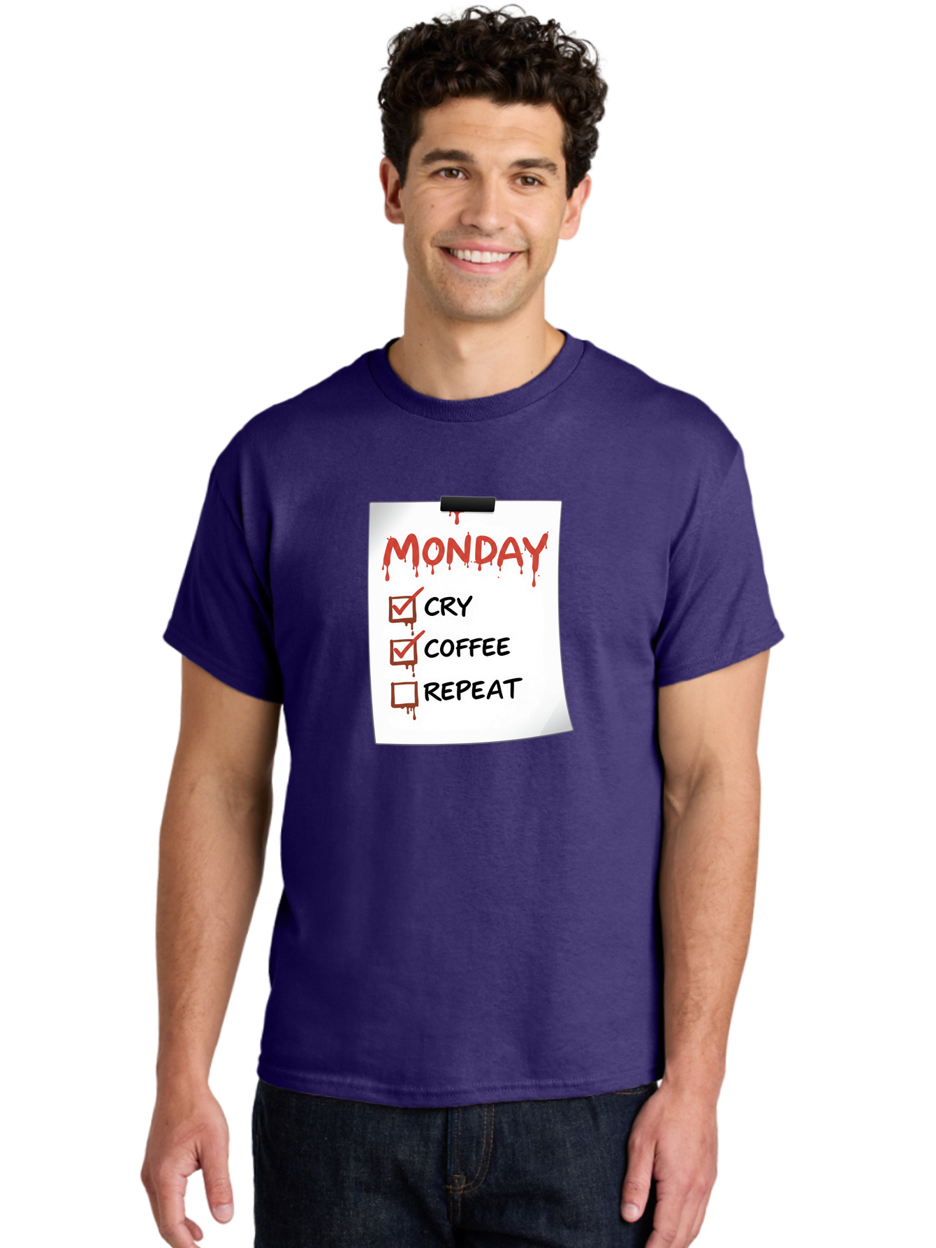 Monday-To-Do-List-2 Men'S Graphic Tee, 100% Cotton, Comfortable Casual Summer Wear, Machine Washable, Humorous To-Do List, Monday Blues, Cry, Coffee, Repeat, Funny Office Humor, Workplace Comedy, Blood Dripping Text, Checklist, Relatable Meme Bae540