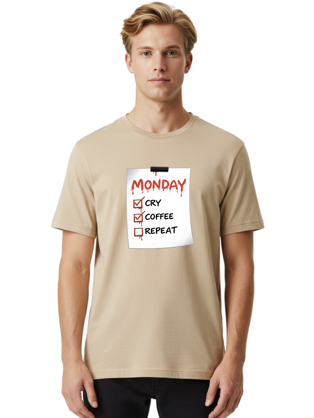 Monday-To-Do-List-2 Men'S Graphic Tee, 100% Cotton, Comfortable Casual Summer Wear, Machine Washable, Humorous To-Do List, Monday Blues, Cry, Coffee, Repeat, Funny Office Humor, Workplace Comedy, Blood Dripping Text, Checklist, Relatable Meme Bae540