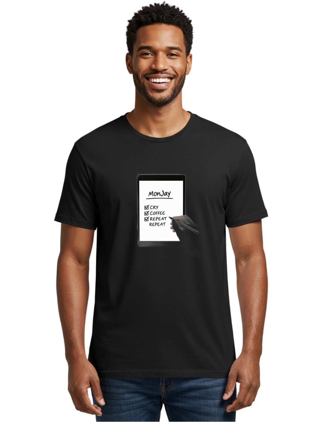 Monday-To-Do-List Men'S Graphic Tee, 100% Cotton, Comfortable Casual Summer Wear, Machine Washable, Monday To-Do List, Humorously Writing Task, Cry, Coffee, Repeat, Morning Routine Tasks, Checklist, Productivity, Task Management, Funny, Bae541