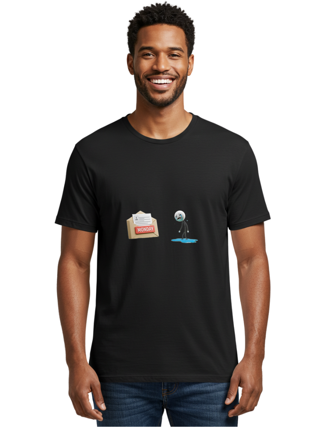 Monday Men'S Graphic Tee, 100% Cotton, Comfortable Casual Summer Wear, Machine Washable, Sad Stick Figure, Unhappy Face, Monday Blues, Stressful Day, Gloomy Mood, Workload Anxiety, Emotional Struggle, Letter, Envelope Bae542