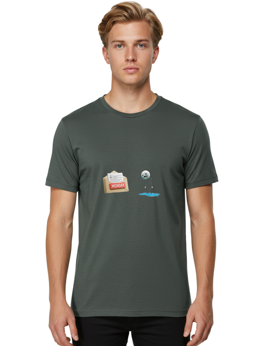 Monday Men'S Graphic Tee, 100% Cotton, Comfortable Casual Summer Wear, Machine Washable, Sad Stick Figure, Unhappy Face, Monday Blues, Stressful Day, Gloomy Mood, Workload Anxiety, Emotional Struggle, Letter, Envelope Bae542