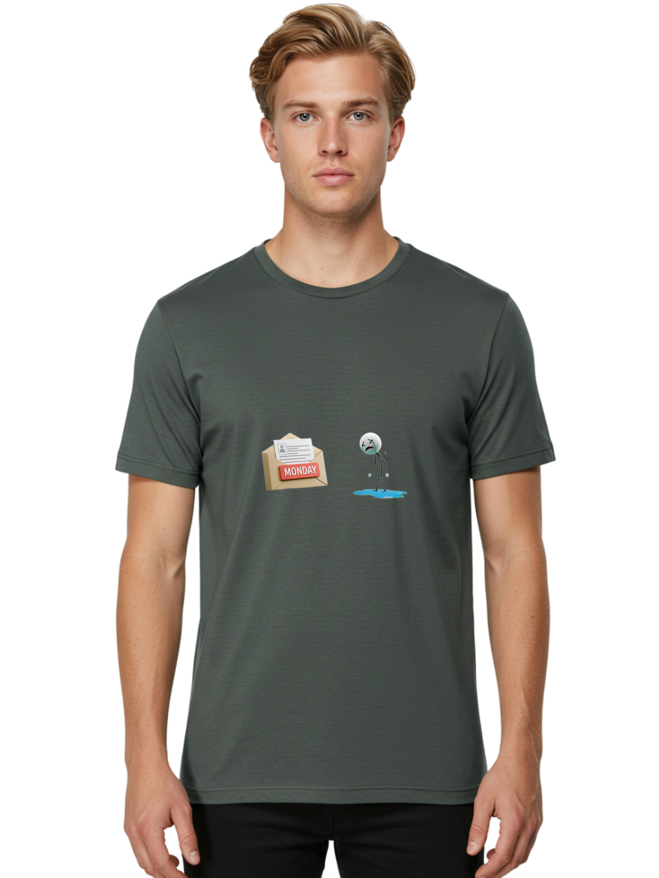 Monday Men'S Graphic Tee, 100% Cotton, Comfortable Casual Summer Wear, Machine Washable, Sad Stick Figure, Unhappy Face, Monday Blues, Stressful Day, Gloomy Mood, Workload Anxiety, Emotional Struggle, Letter, Envelope Bae542