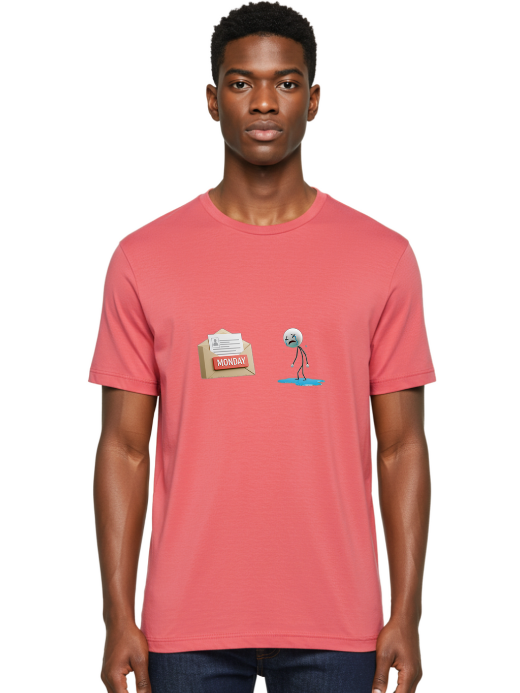 Monday Men'S Graphic Tee, 100% Cotton, Comfortable Casual Summer Wear, Machine Washable, Sad Stick Figure, Unhappy Face, Monday Blues, Stressful Day, Gloomy Mood, Workload Anxiety, Emotional Struggle, Letter, Envelope Bae542