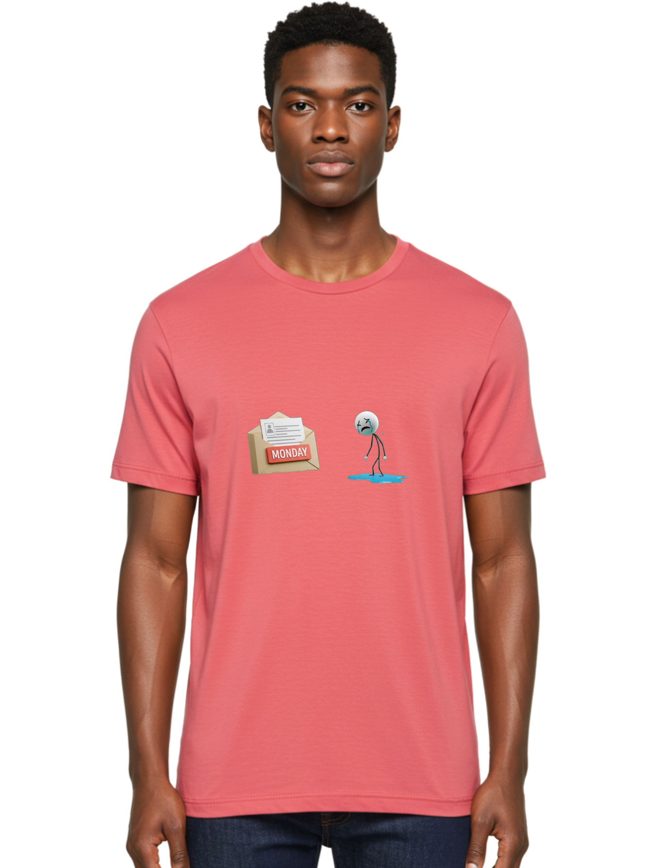 Monday Men'S Graphic Tee, 100% Cotton, Comfortable Casual Summer Wear, Machine Washable, Sad Stick Figure, Unhappy Face, Monday Blues, Stressful Day, Gloomy Mood, Workload Anxiety, Emotional Struggle, Letter, Envelope Bae542