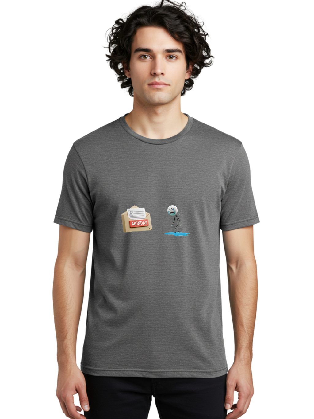 Monday Men'S Graphic Tee, 100% Cotton, Comfortable Casual Summer Wear, Machine Washable, Sad Stick Figure, Unhappy Face, Monday Blues, Stressful Day, Gloomy Mood, Workload Anxiety, Emotional Struggle, Letter, Envelope Bae542