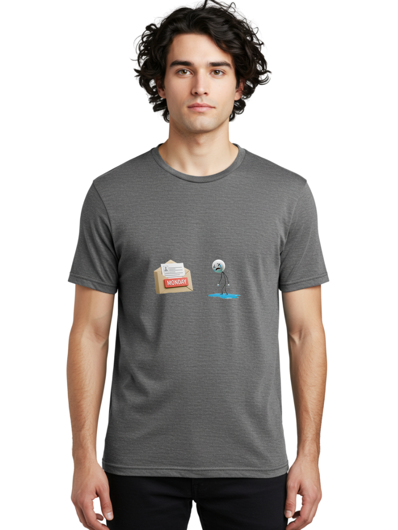 Monday Men'S Graphic Tee, 100% Cotton, Comfortable Casual Summer Wear, Machine Washable, Sad Stick Figure, Unhappy Face, Monday Blues, Stressful Day, Gloomy Mood, Workload Anxiety, Emotional Struggle, Letter, Envelope Bae542