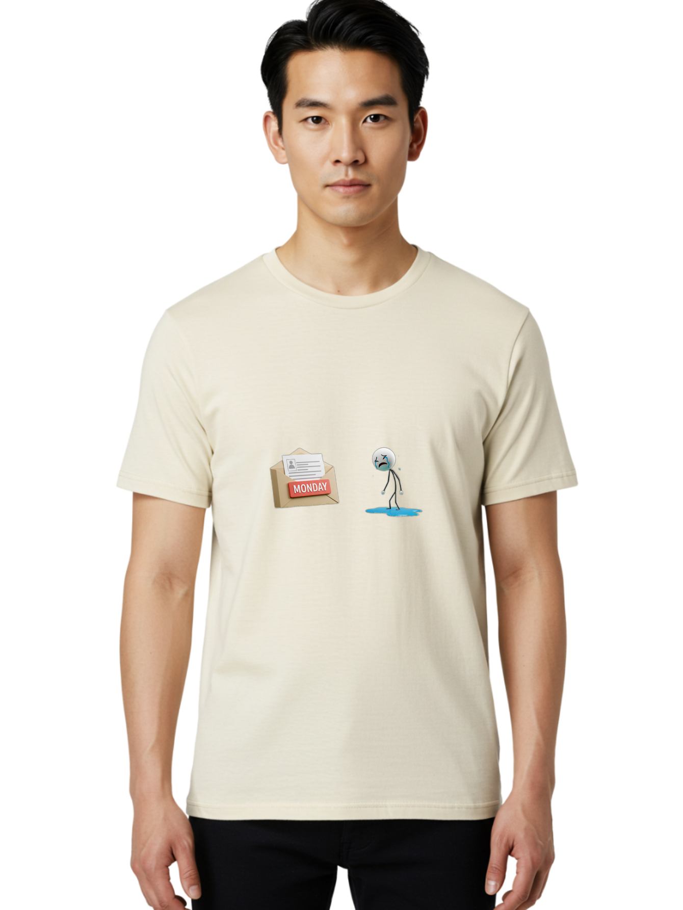 Monday Men'S Graphic Tee, 100% Cotton, Comfortable Casual Summer Wear, Machine Washable, Sad Stick Figure, Unhappy Face, Monday Blues, Stressful Day, Gloomy Mood, Workload Anxiety, Emotional Struggle, Letter, Envelope Bae542