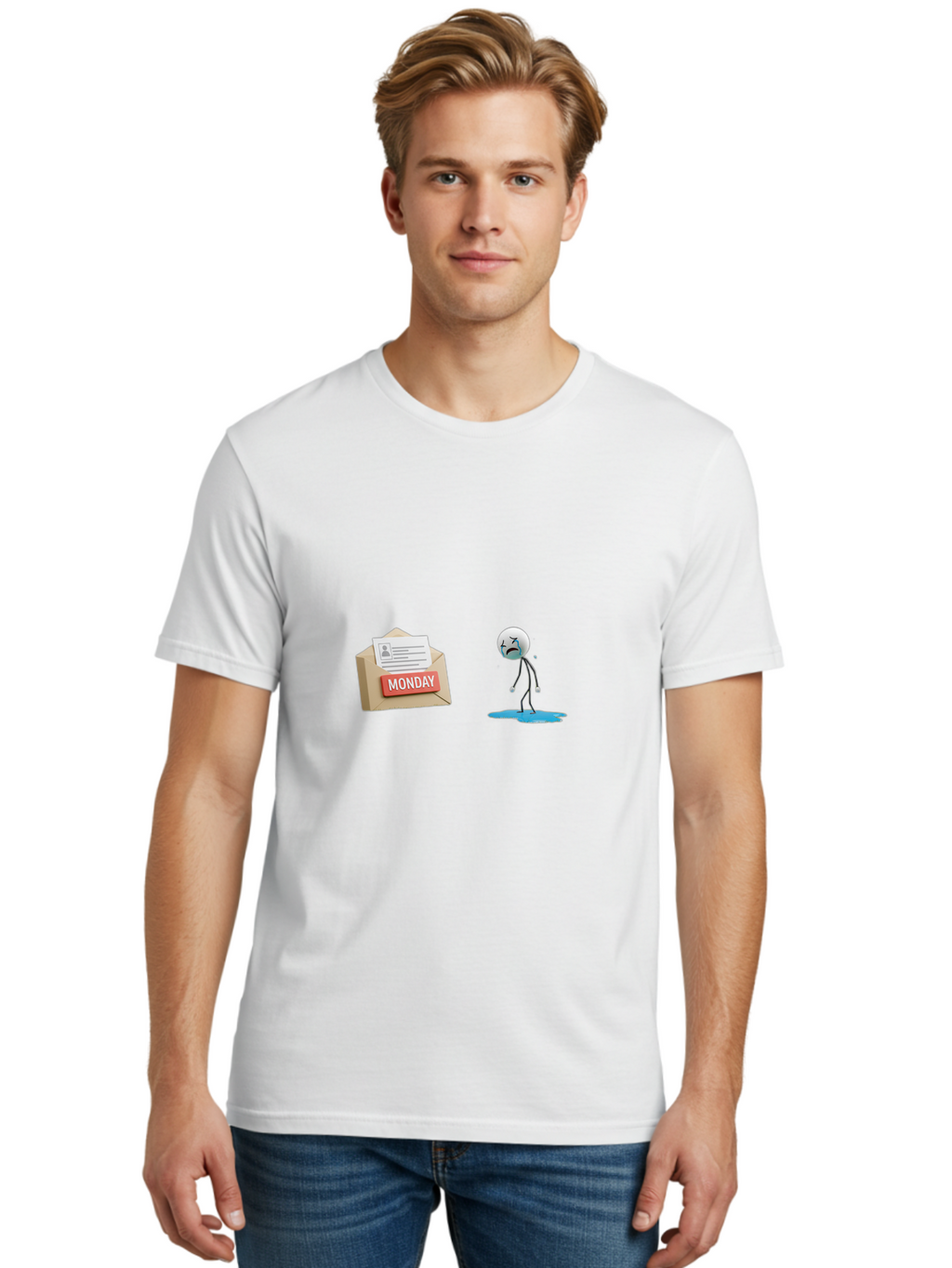 Monday Men'S Graphic Tee, 100% Cotton, Comfortable Casual Summer Wear, Machine Washable, Sad Stick Figure, Unhappy Face, Monday Blues, Stressful Day, Gloomy Mood, Workload Anxiety, Emotional Struggle, Letter, Envelope Bae542