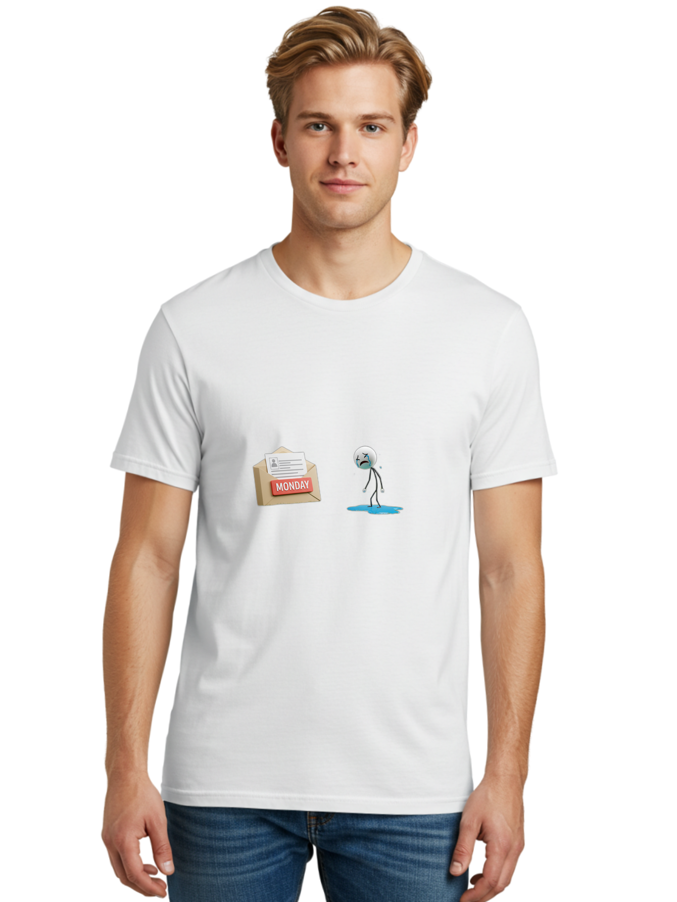 Monday Men'S Graphic Tee, 100% Cotton, Comfortable Casual Summer Wear, Machine Washable, Sad Stick Figure, Unhappy Face, Monday Blues, Stressful Day, Gloomy Mood, Workload Anxiety, Emotional Struggle, Letter, Envelope Bae542