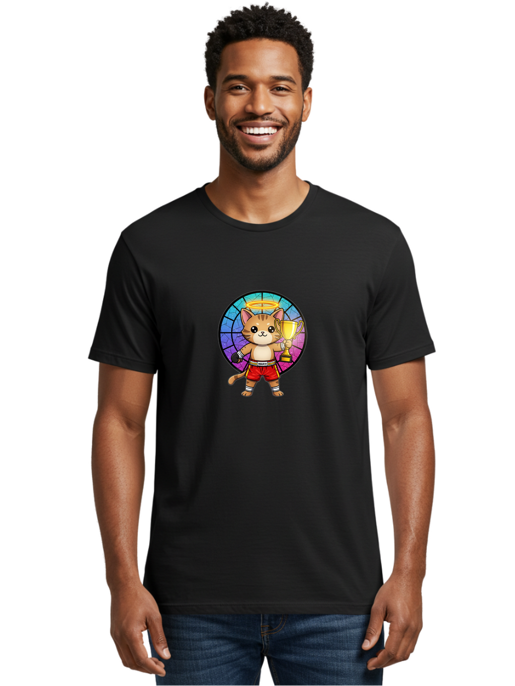 Muay-Cat-1 Men'S Graphic Tee, 100% Cotton, Comfortable Casual Summer Wear, Machine Washable, Cartoon Cat, Muay Thai Fighter, Gold Trophy, Boxing Gloves, Red Shorts, Champion, Victorious, Stained Glass, Halo, Whimsical Design, Funny Kitty, Bae544