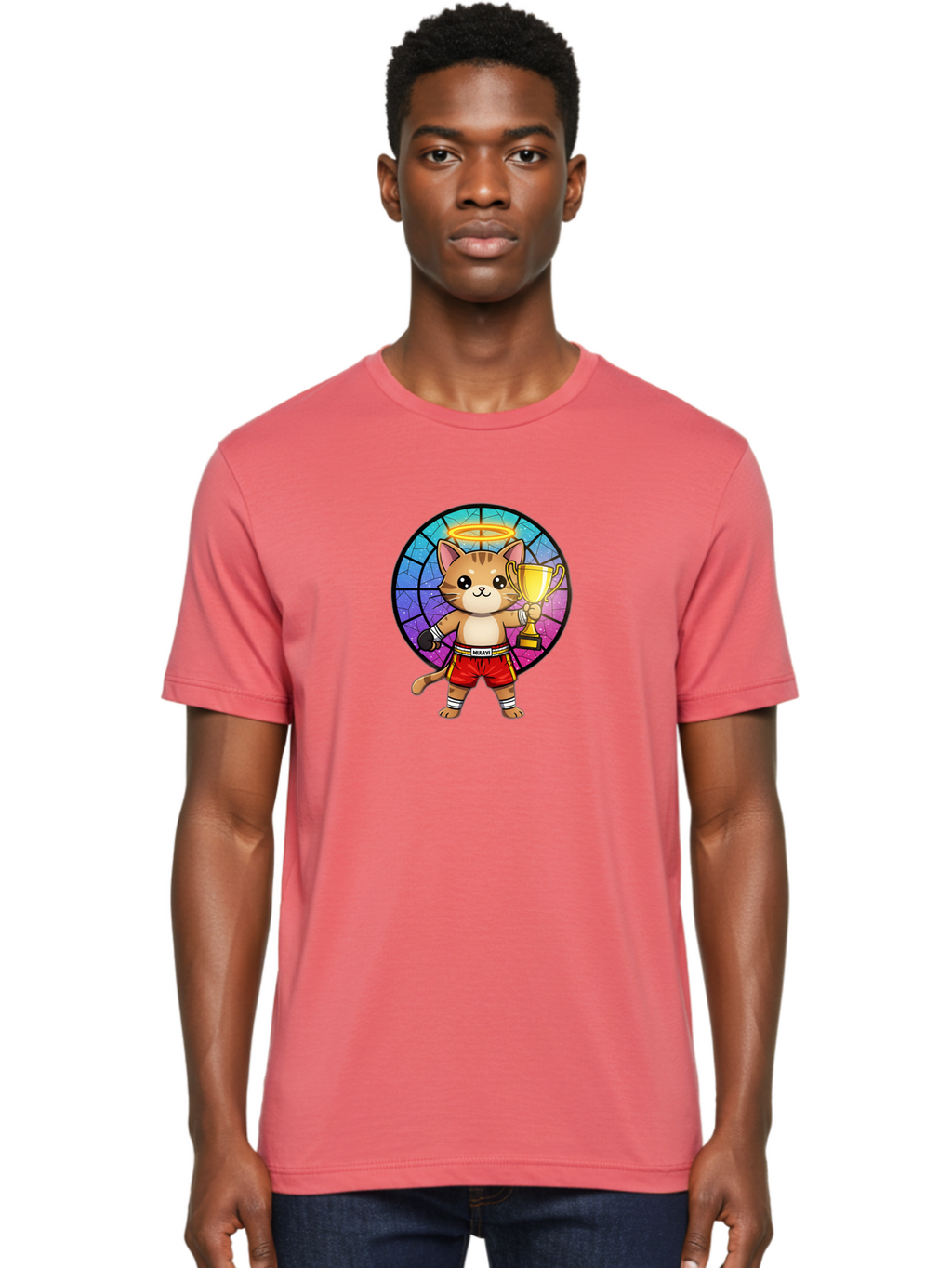 Muay-Cat-1 Men'S Graphic Tee, 100% Cotton, Comfortable Casual Summer Wear, Machine Washable, Cartoon Cat, Muay Thai Fighter, Gold Trophy, Boxing Gloves, Red Shorts, Champion, Victorious, Stained Glass, Halo, Whimsical Design, Funny Kitty, Bae544