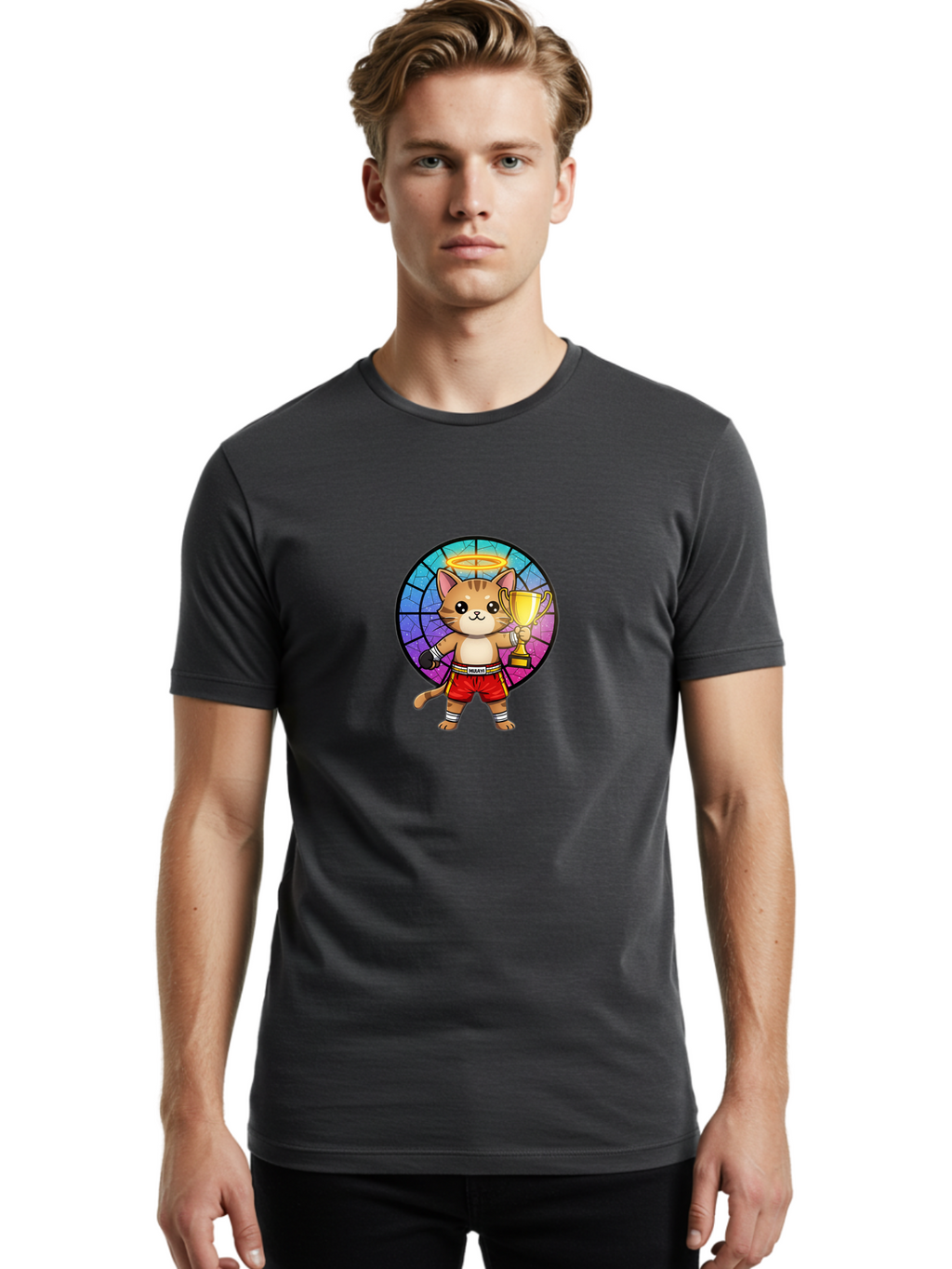 Muay-Cat-1 Men'S Graphic Tee, 100% Cotton, Comfortable Casual Summer Wear, Machine Washable, Cartoon Cat, Muay Thai Fighter, Gold Trophy, Boxing Gloves, Red Shorts, Champion, Victorious, Stained Glass, Halo, Whimsical Design, Funny Kitty, Bae544