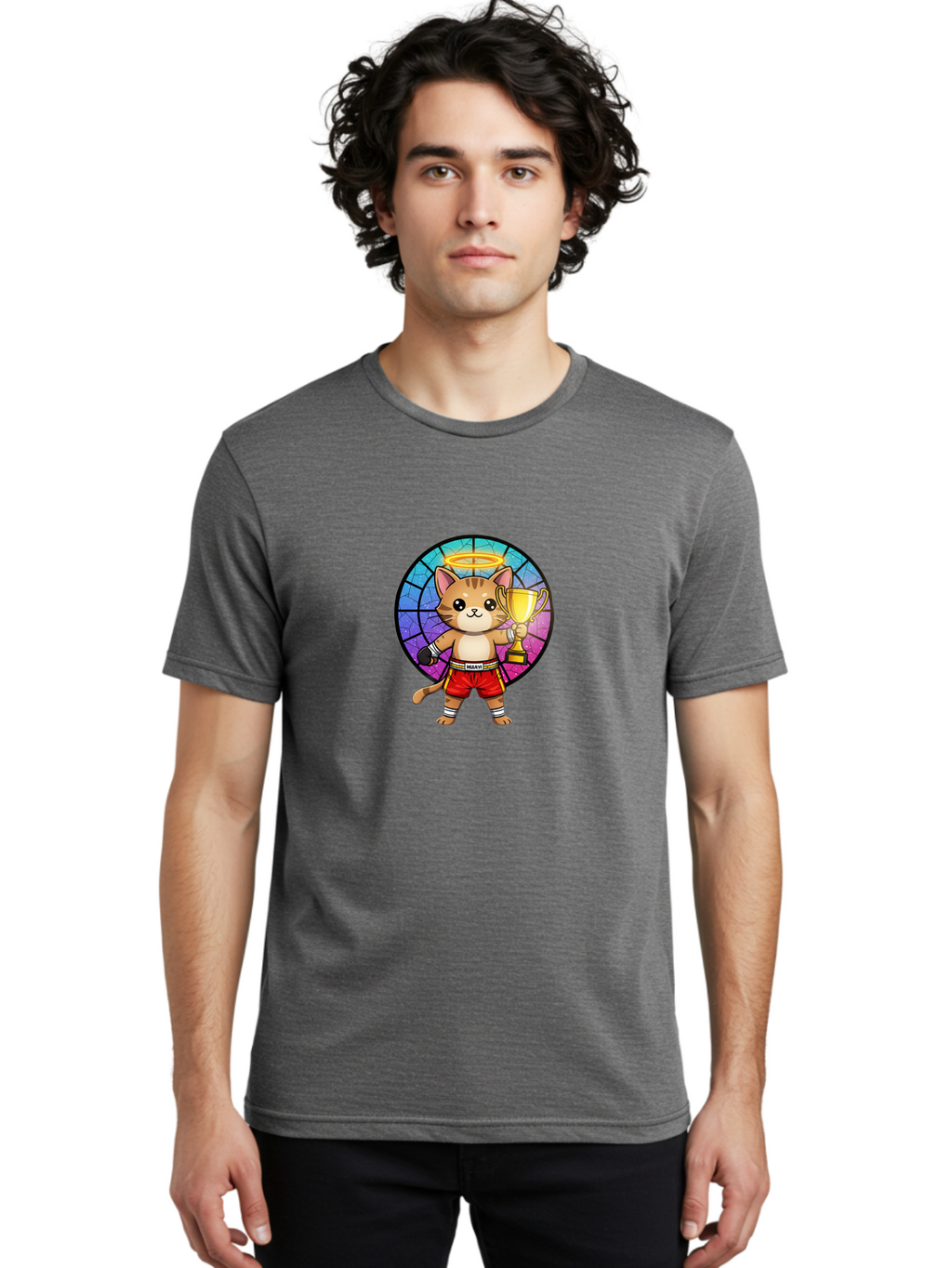 Muay-Cat-1 Men'S Graphic Tee, 100% Cotton, Comfortable Casual Summer Wear, Machine Washable, Cartoon Cat, Muay Thai Fighter, Gold Trophy, Boxing Gloves, Red Shorts, Champion, Victorious, Stained Glass, Halo, Whimsical Design, Funny Kitty, Bae544