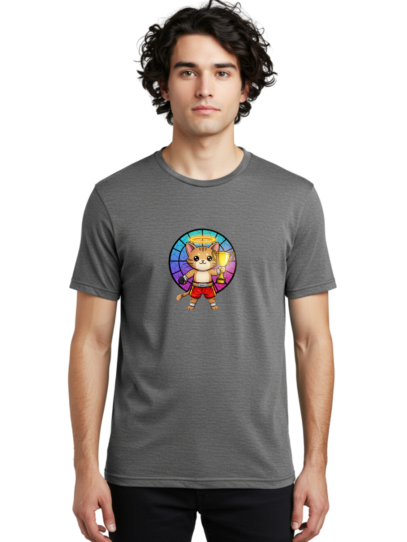Muay-Cat-1 Men'S Graphic Tee, 100% Cotton, Comfortable Casual Summer Wear, Machine Washable, Cartoon Cat, Muay Thai Fighter, Gold Trophy, Boxing Gloves, Red Shorts, Champion, Victorious, Stained Glass, Halo, Whimsical Design, Funny Kitty, Bae544