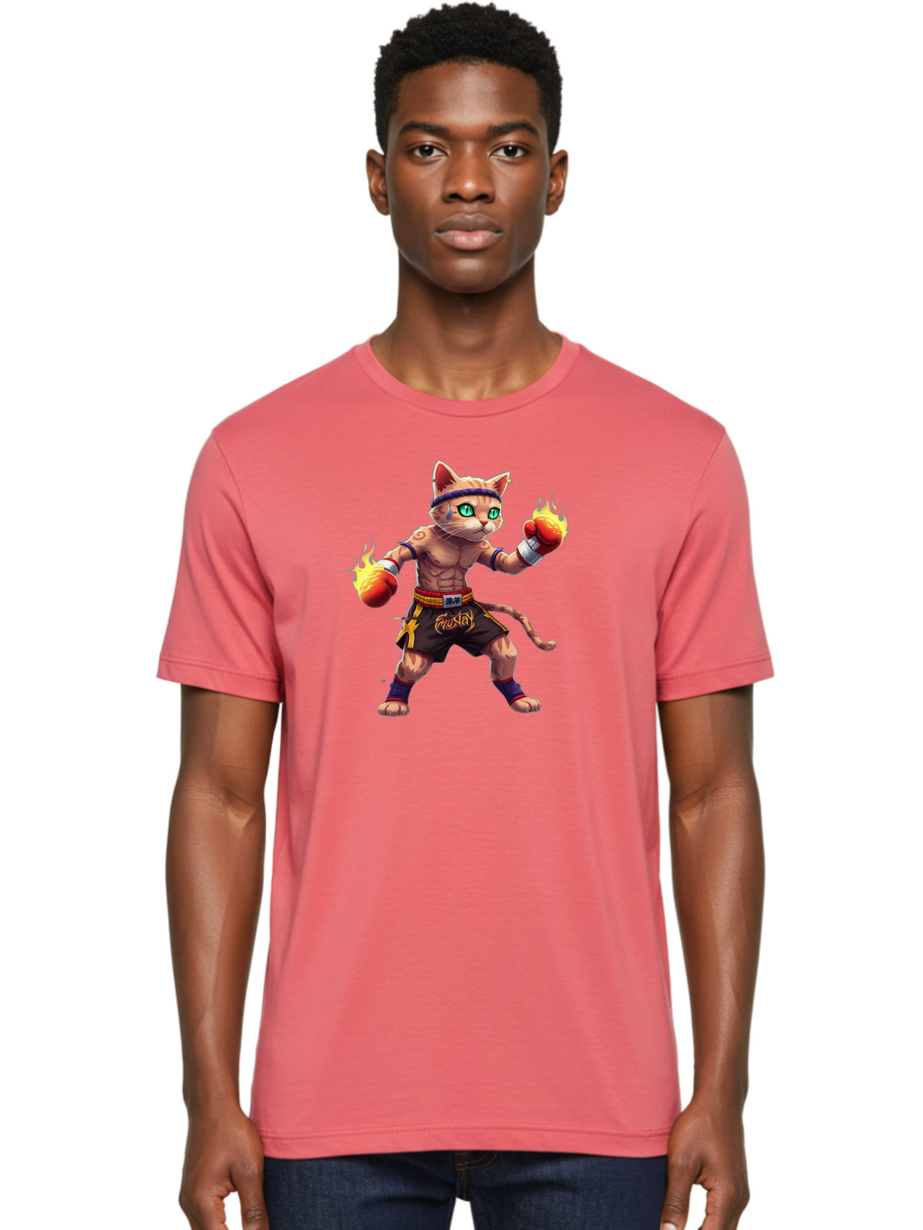 Muay-Cat-2 Men'S Graphic Tee, 100% Cotton, Comfortable Casual Summer Wear, Machine Washable, Boxing Cat, Martial Arts, Muay Thai, Fighting Cat, Cartoon Character, Muscular Cat, Green Eyes, Boxing Gloves With Flames, Sports Illustration, Bae545