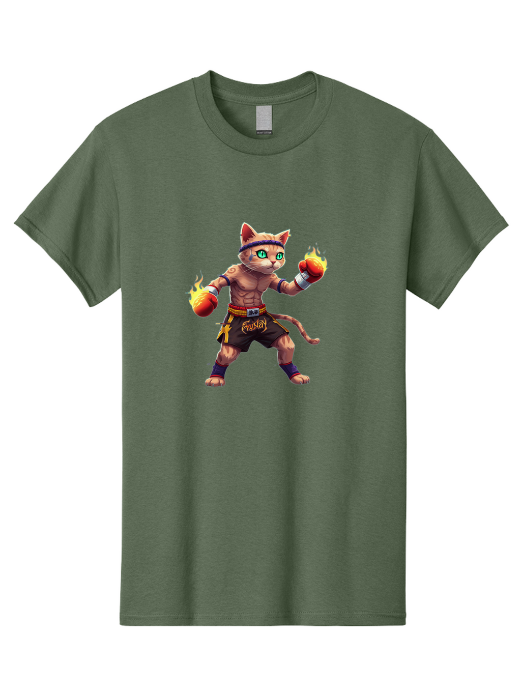 Muay-Cat-2 Men'S Graphic Tee, 100% Cotton, Comfortable Casual Summer Wear, Machine Washable, Boxing Cat, Martial Arts, Muay Thai, Fighting Cat, Cartoon Character, Muscular Cat, Green Eyes, Boxing Gloves With Flames, Sports Illustration, Bae545