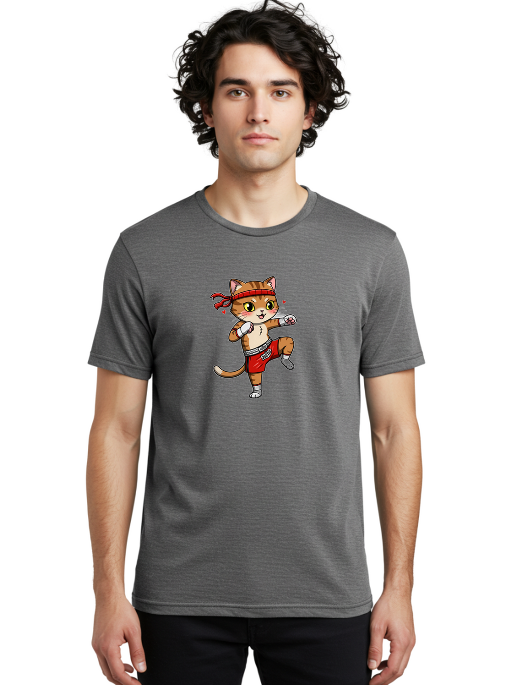 Muay-Cat Men'S Graphic Tee, 100% Cotton, Comfortable Casual Summer Wear, Machine Washable, Cartoon Cat, Muay Thai Fighter, Milo Branding, Red Shorts, White Gloves, Martial Arts, Fighting Stance, Cute Expression, Heart Eyes, Fitness, Strength Bae546