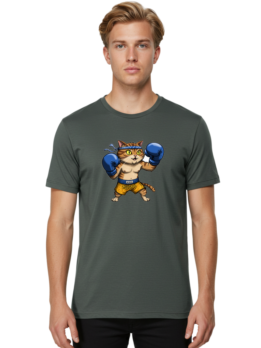 Muay-Muay-Cat Men'S Graphic Tee, 100% Cotton, Comfortable Casual Summer Wear, Machine Washable, Cartoon Cat In Boxing Gloves, Muay Thai Fighter, Muay Mun, Feline Boxer, Cat With Boxing Shorts, Funny Cat Character, Muay Thai Cat, Comic Cat, Bae547
