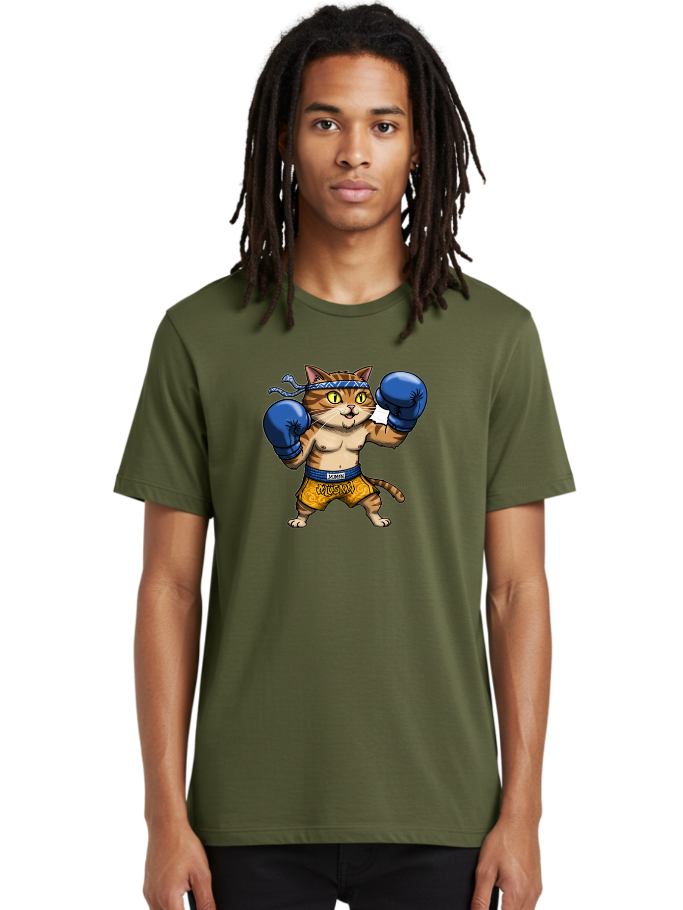 Muay-Muay-Cat Men'S Graphic Tee, 100% Cotton, Comfortable Casual Summer Wear, Machine Washable, Cartoon Cat In Boxing Gloves, Muay Thai Fighter, Muay Mun, Feline Boxer, Cat With Boxing Shorts, Funny Cat Character, Muay Thai Cat, Comic Cat, Bae547