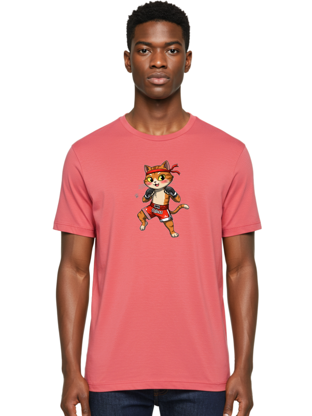 Muay-Thai-Cat-1 Men'S Graphic Tee, 100% Cotton, Comfortable Casual Summer Wear, Machine Washable, Cartoon Cat, Muay Thai Fighter, Boxing Gloves, Red Shorts, Muaythai, Martial Arts, Fighting Stance, Cute Cat, Funny Animal, Cartoon Character Bae548